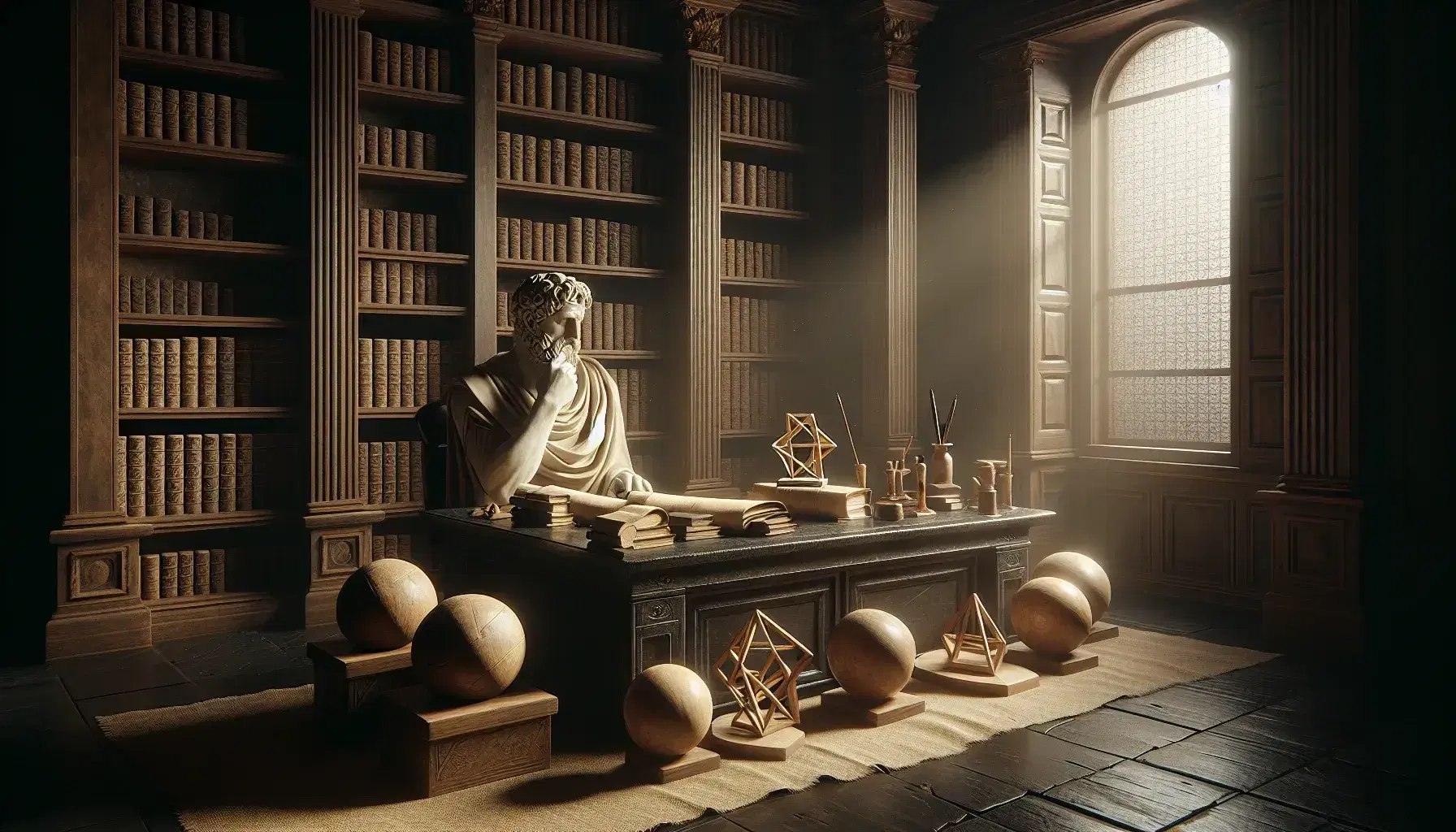 Studio antico con scaffali in legno scuro pieni di libri, tavolo con rotoli di papiro e oggetti geometrici, statua di Platone e luce naturale.