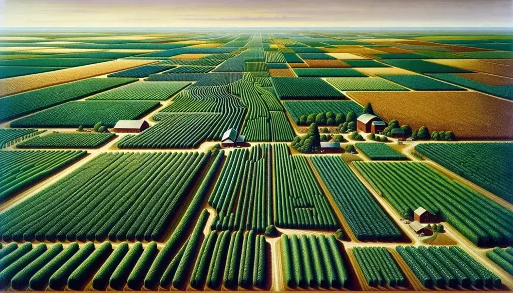 Lush agricultural landscape with rows of green crops, plowed land, farm buildings with red roofs, pond and wooded border.