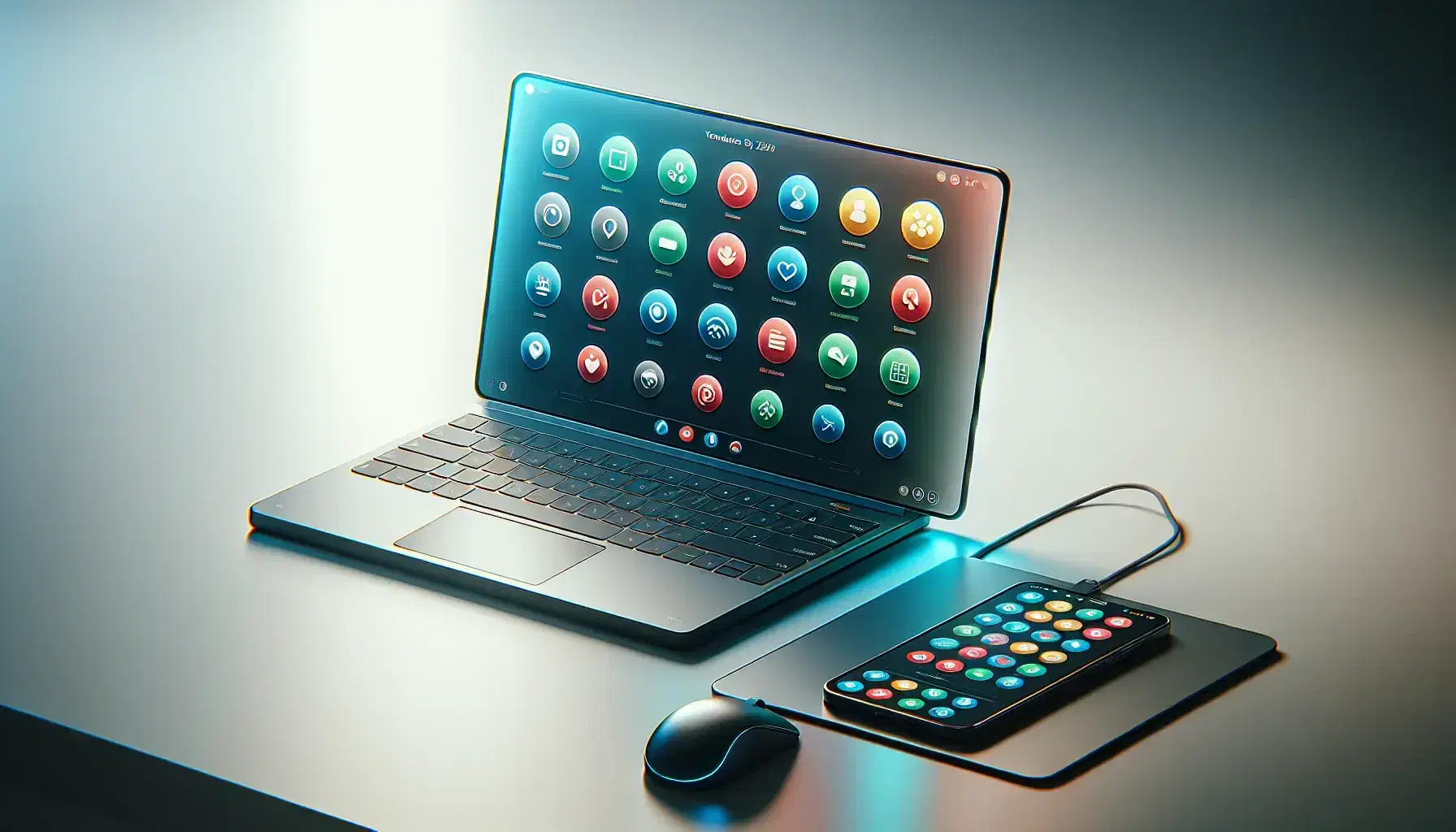 Modern laptop turned on with colorful user interface and generic icons on screen, wired mouse and smartphone beside on tidy desk.