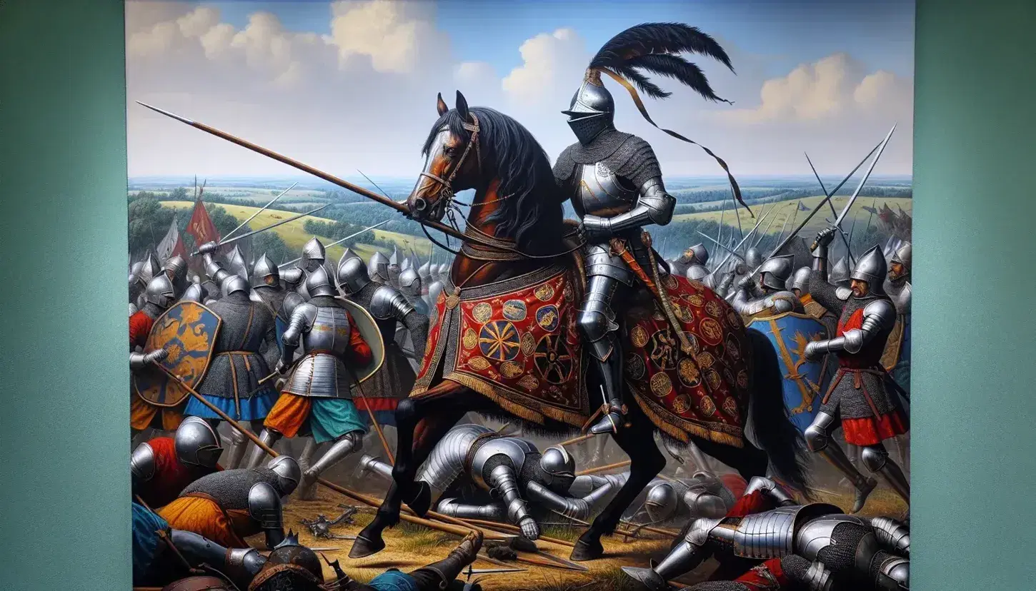 Cavaliere in armatura scintillante su cavallo marrone combatte con lancia in battaglia medievale, circondato da guerrieri armati su sfondo di colline e fortezza.