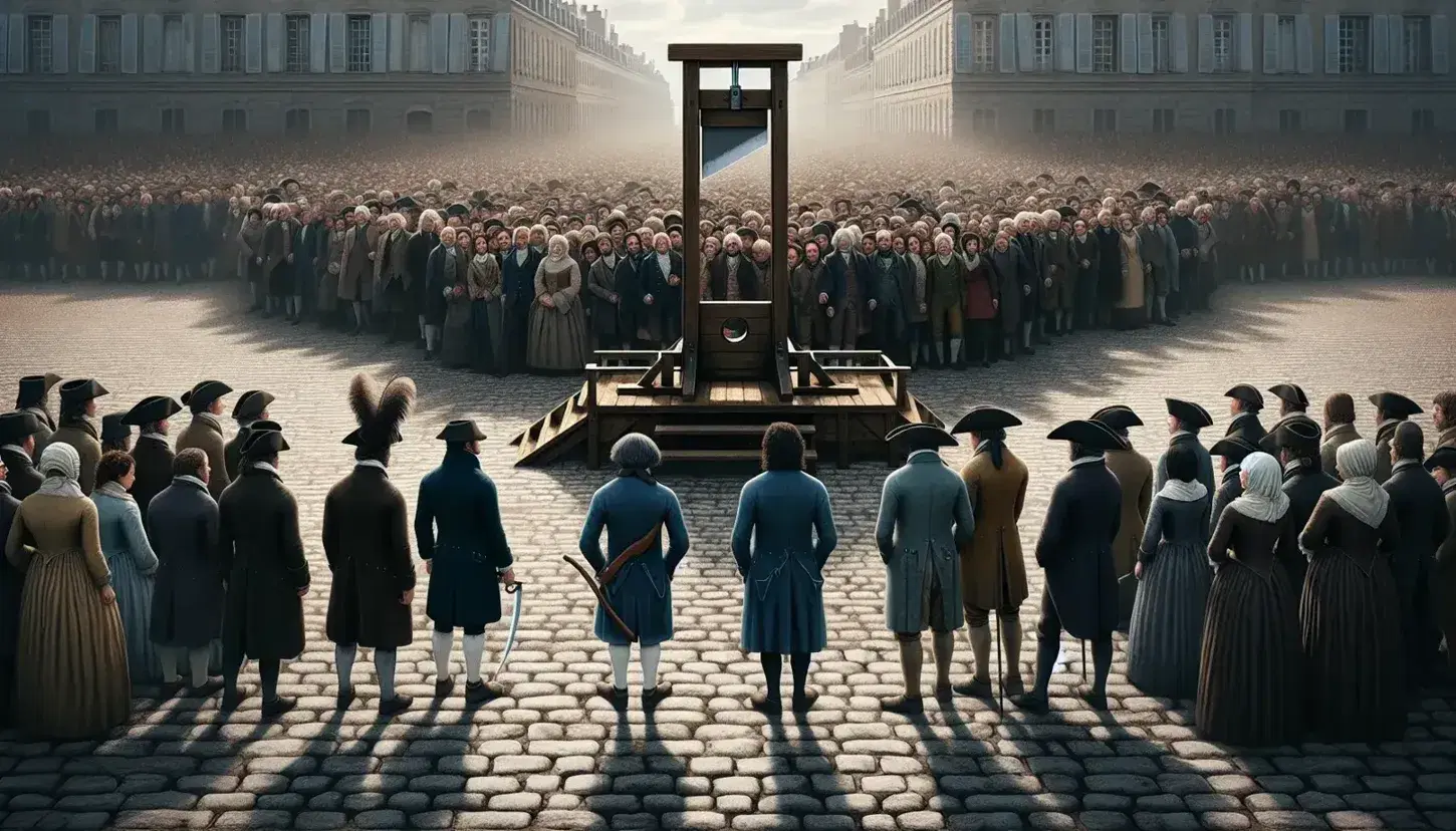 Escena histórica del siglo XVIII con una guillotina de madera y multitud en atuendos de época observando, bajo un cielo despejado.