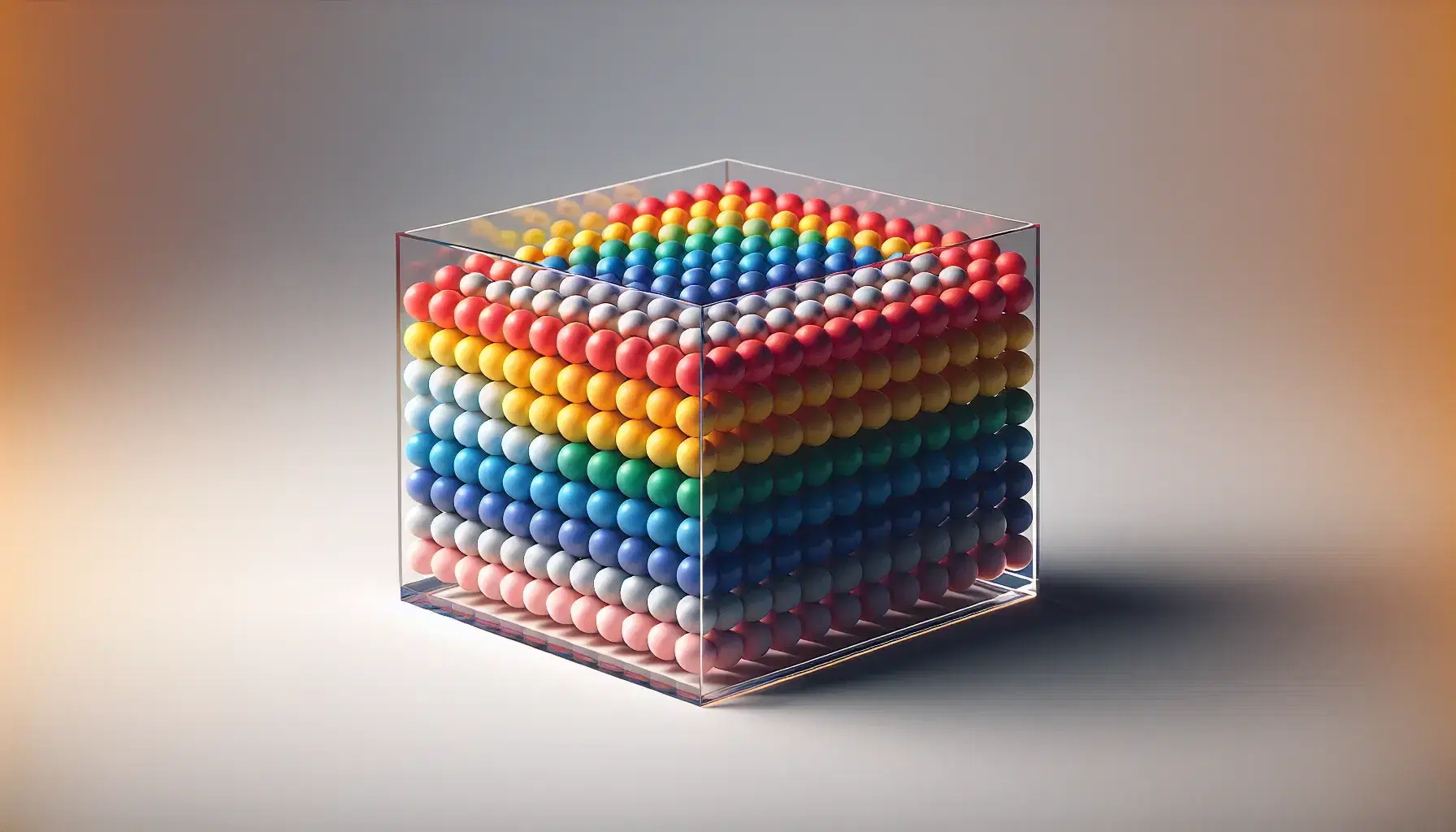Colorful gradient of layered balls in a clear acrylic box, transitioning from red to violet, showcasing an organized, vibrant spectrum against a light gray background.