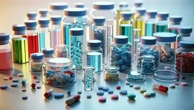 Frascos de vidrio transparentes con tapas coloridas y píldoras variadas en superficie blanca, junto a tubos de ensayo con líquidos de colores claros.