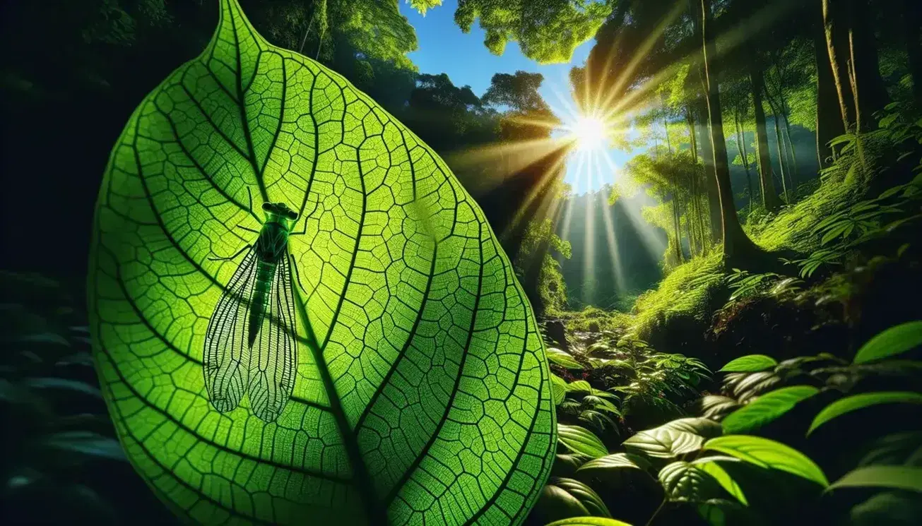 Hoja verde detallada con venas y células visibles, iluminada por el sol, con insecto de alas translúcidas y fondo desenfocado de bosque frondoso.
