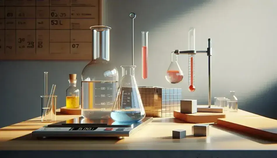 Mesa de laboratorio de madera con matraz Erlenmeyer con líquido azul, cilindro graduado con líquido amarillo a 300 ml, termómetro de vidrio y balanza digital con cubo metálico.