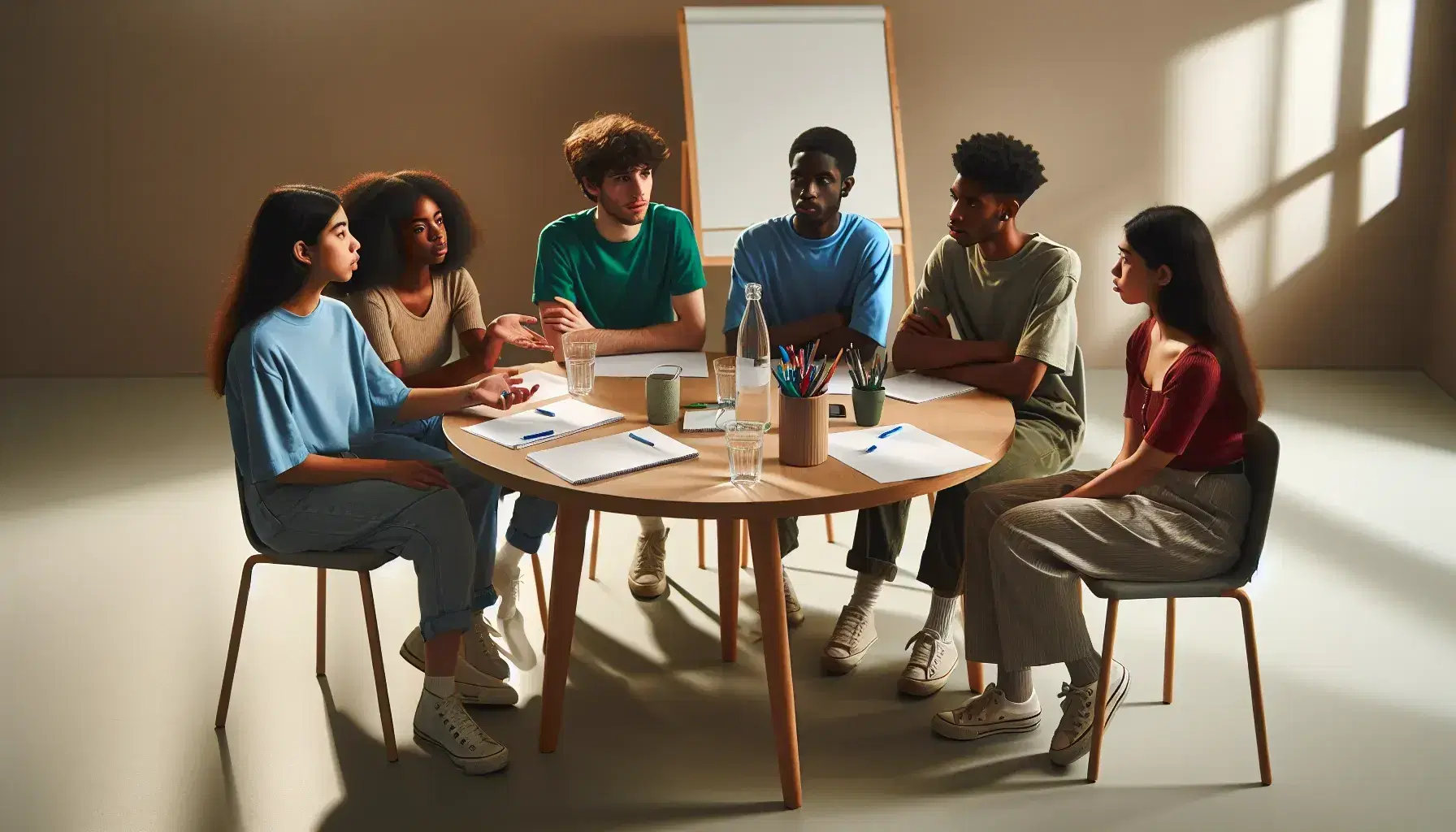 Grupo diverso de cinco estudiantes debatiendo animadamente en una mesa redonda con papeles y botella de agua, en un ambiente cálido sin distracciones visuales.