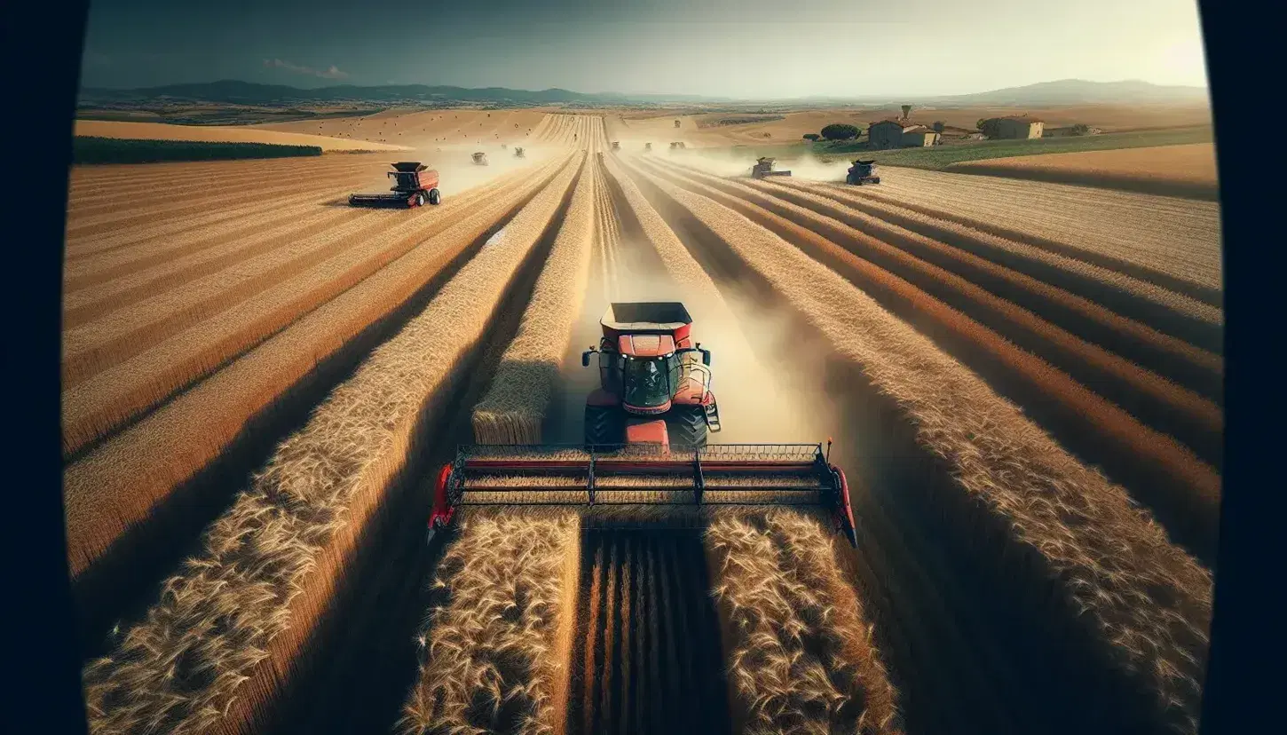 Pianura italiana in stagione del raccolto con campo di grano dorato, trattore rosso al lavoro, alberi e case contadine sullo sfondo, cielo azzurro.