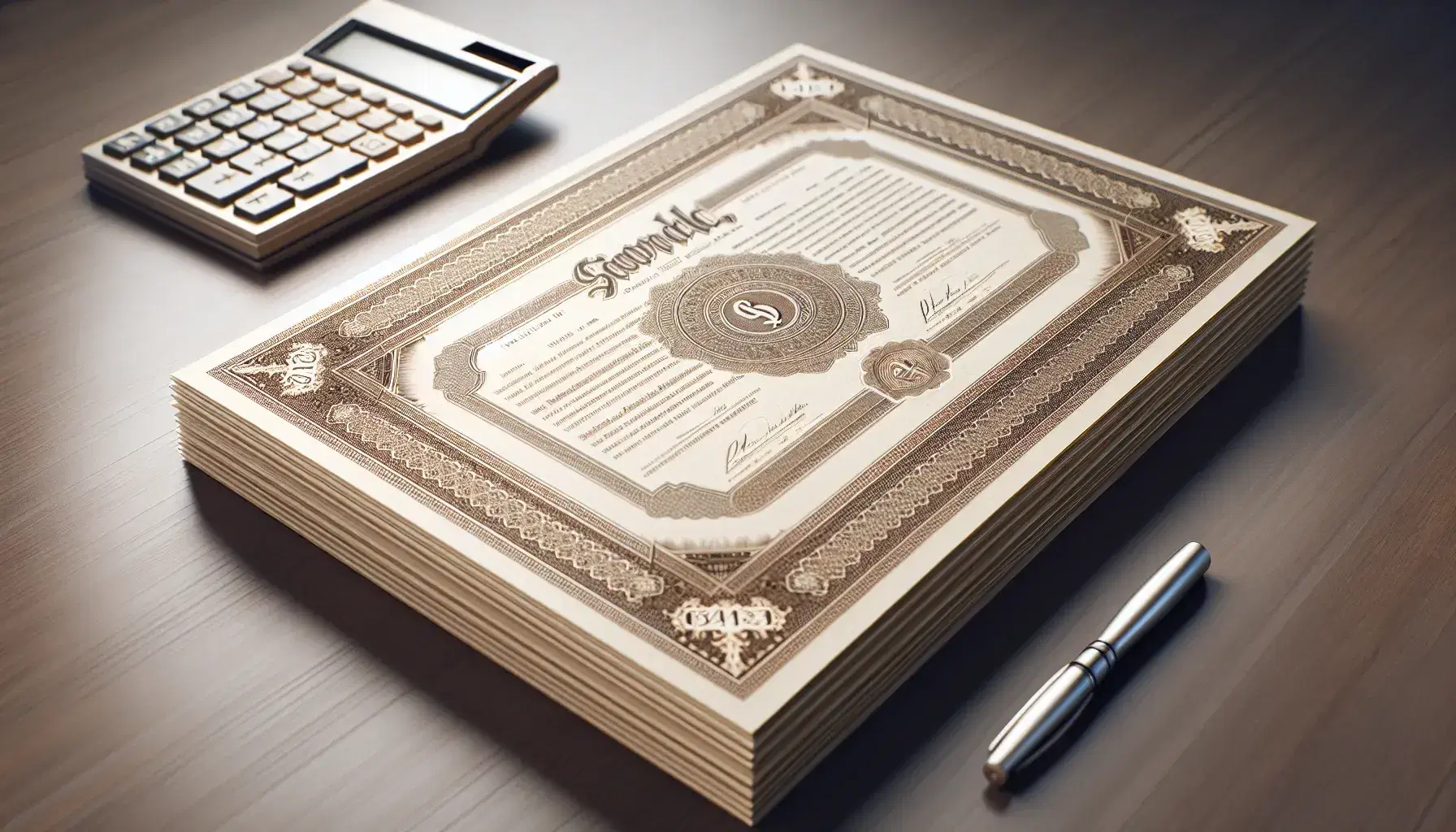 Stacked bond certificates with embossed edges on a dark wooden desk beside a modern calculator and a silver metallic pen with cap.