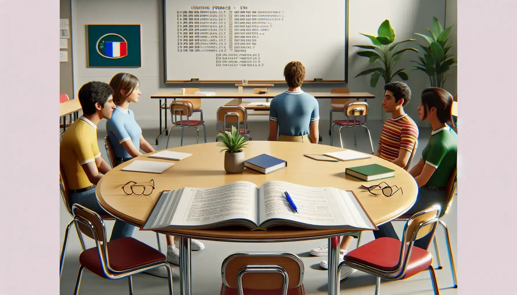 Diverse students engage in French class discussion around a table with textbook, notebook, pen, and eyeglasses, beside a whiteboard and plant.