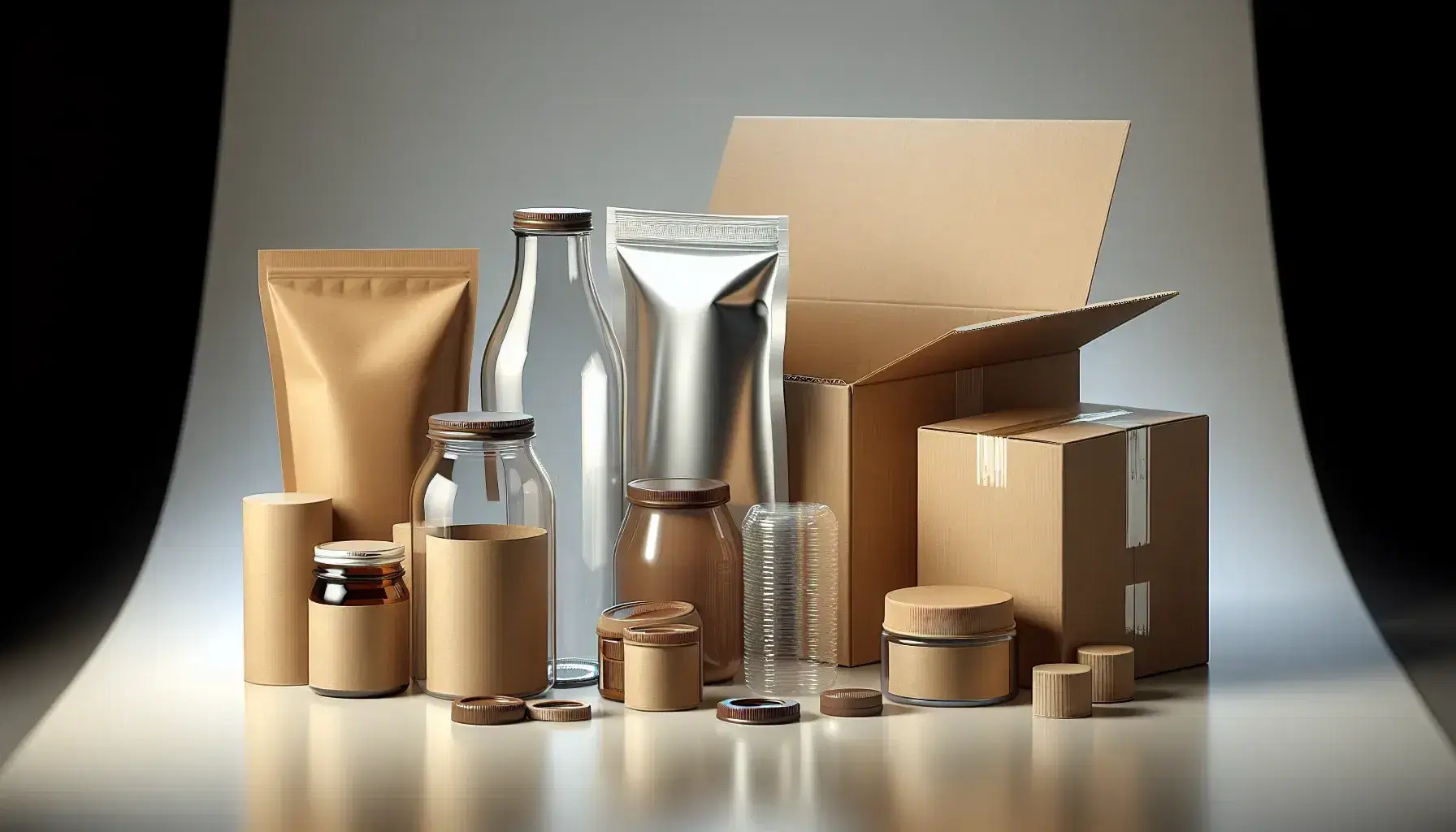 Variedad de envases incluyendo botella de vidrio transparente con tapa metálica, tarro de plástico, caja de cartón abierta, bolsa de plástico flexible y contenedor plástico rígido sobre superficie clara.