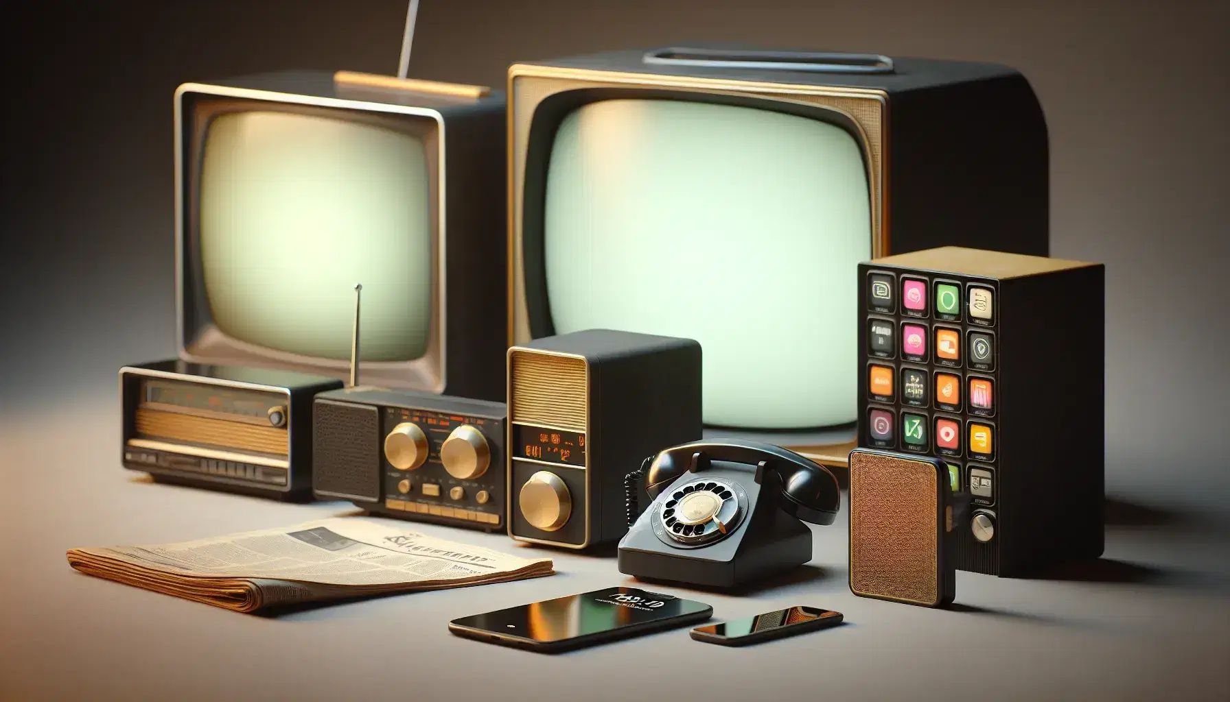 Colección de dispositivos de comunicación antiguos y modernos, incluyendo un teléfono rotativo, radio transistor, televisión CRT y smartphone con aplicaciones.