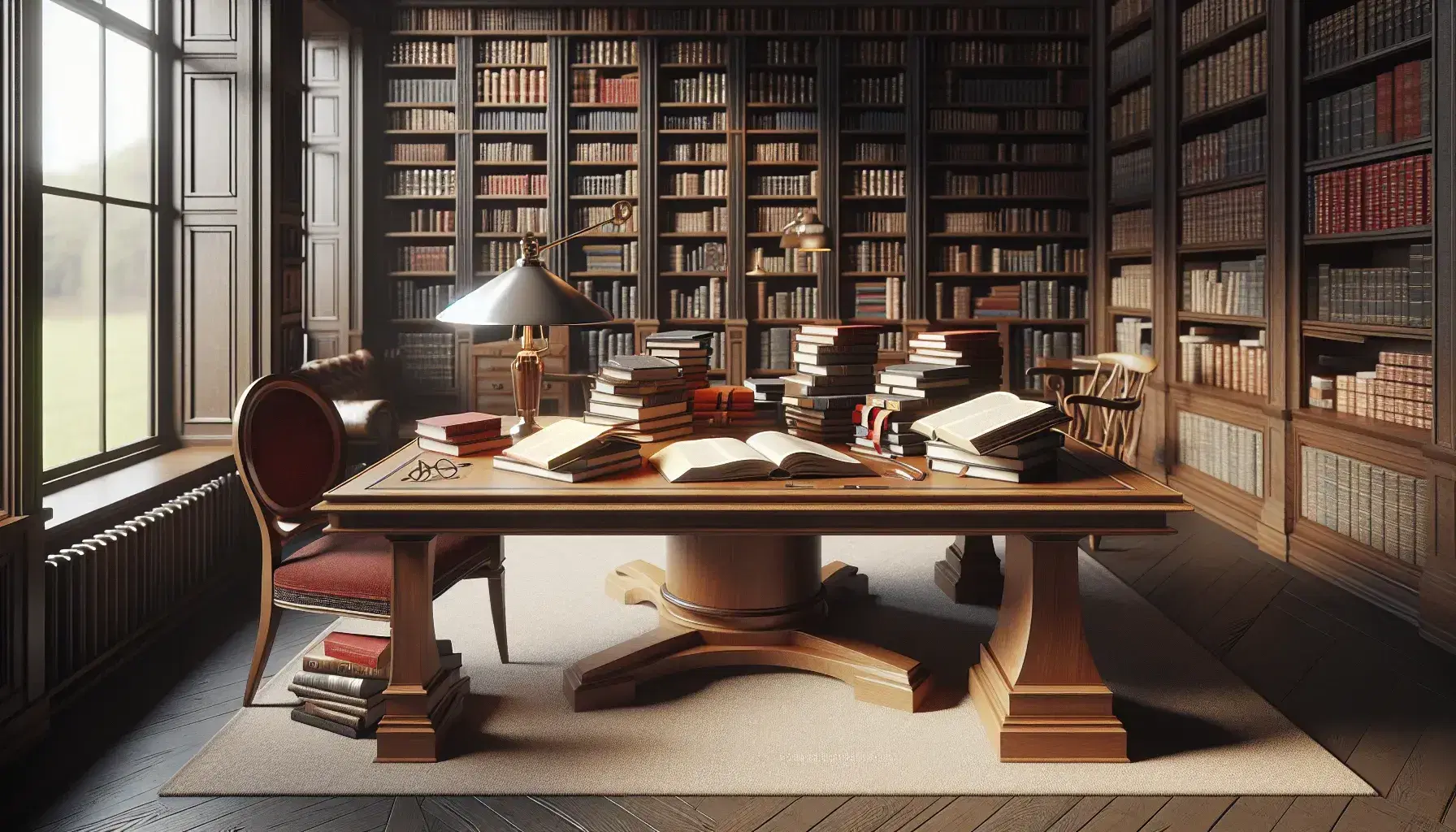 Biblioteca acogedora con estanterías de madera oscura llenas de libros, mesa central con libros abiertos, lámpara encendida y silla con cojín rojo.