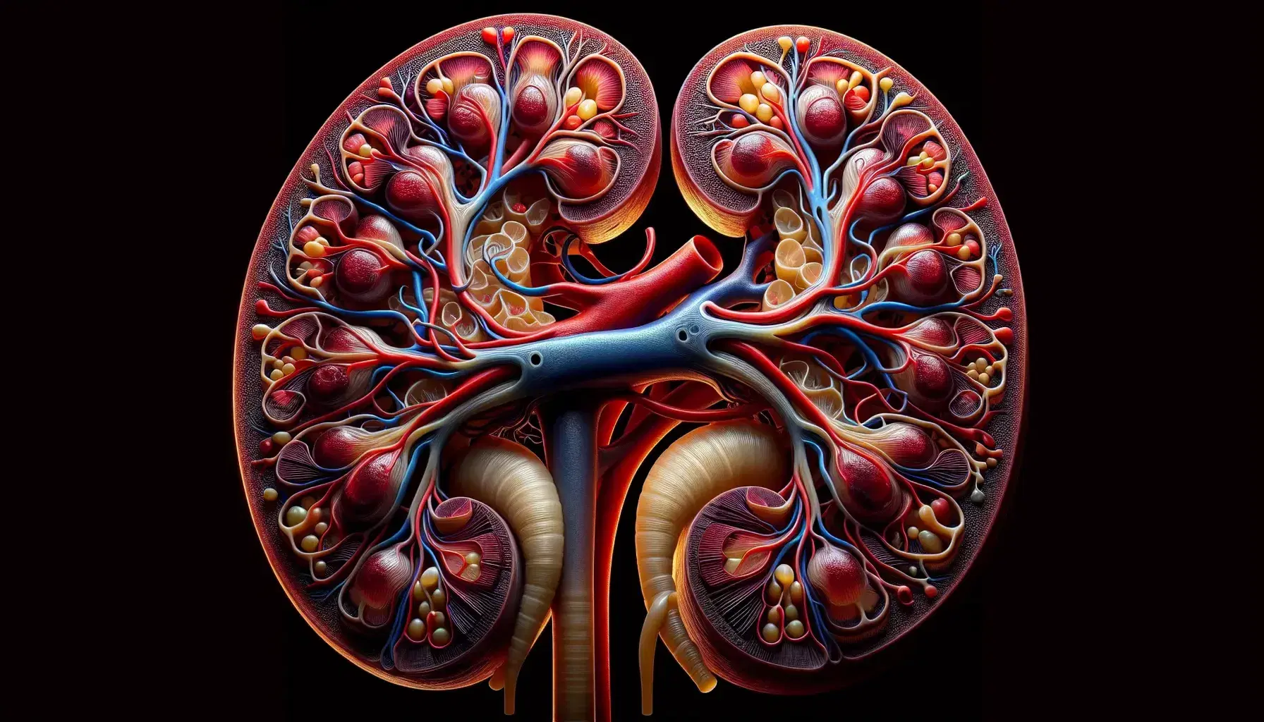 Sezione trasversale dettagliata di un rene umano mostrando un glomerulo rosso vivo e tubuli renali intrecciati in giallo-marrone.