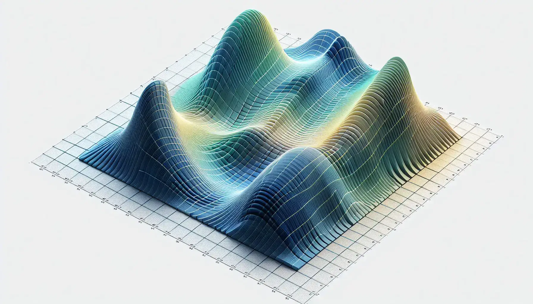 3D topographical graph with undulating curves in a gradient from blue to yellow, representing elevation levels on a light grey grid background.