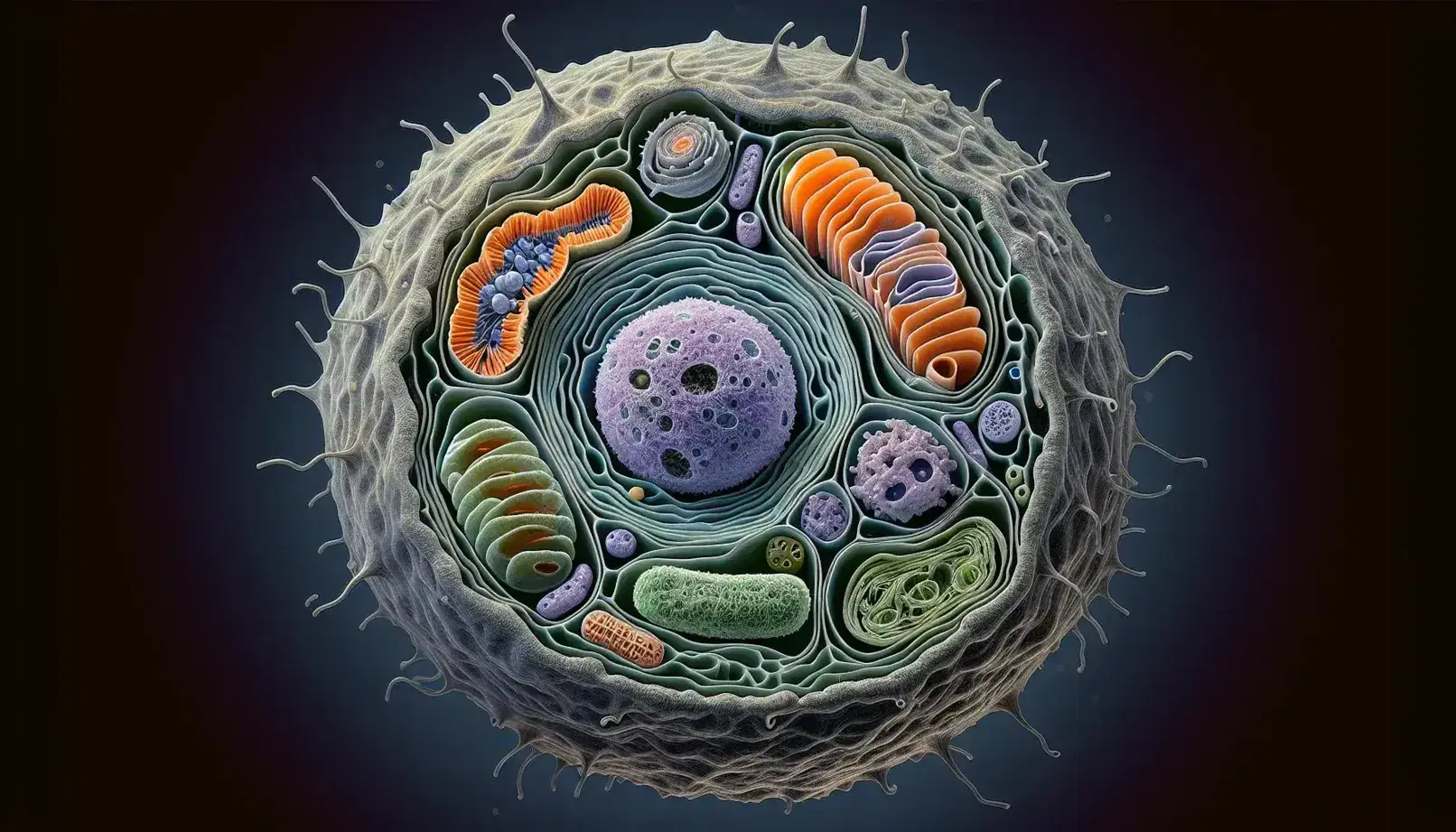 Vista microscópica de célula eucariota con núcleo morado, cromatina, nucleolo oscuro, mitocondrias naranjas, cloroplastos verdes y microvellosidades en la membrana.