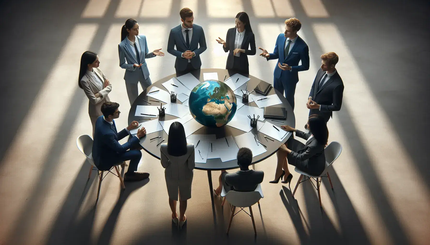 Grupo de cinco profesionales en discusión alrededor de una mesa con papeles y un globo terráqueo, en un ambiente de oficina con iluminación suave.