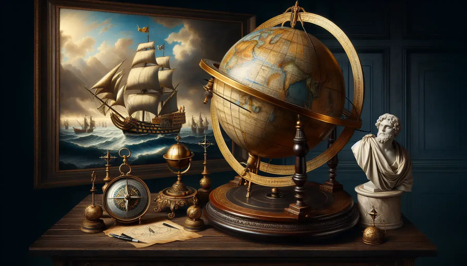 Globo armilar antiguo con anillos dorados y esfera terrestre en soporte de madera tallada, junto a astrolabe de bronce y brújula, con escultura de mármol y pintura de carabela en fondo.