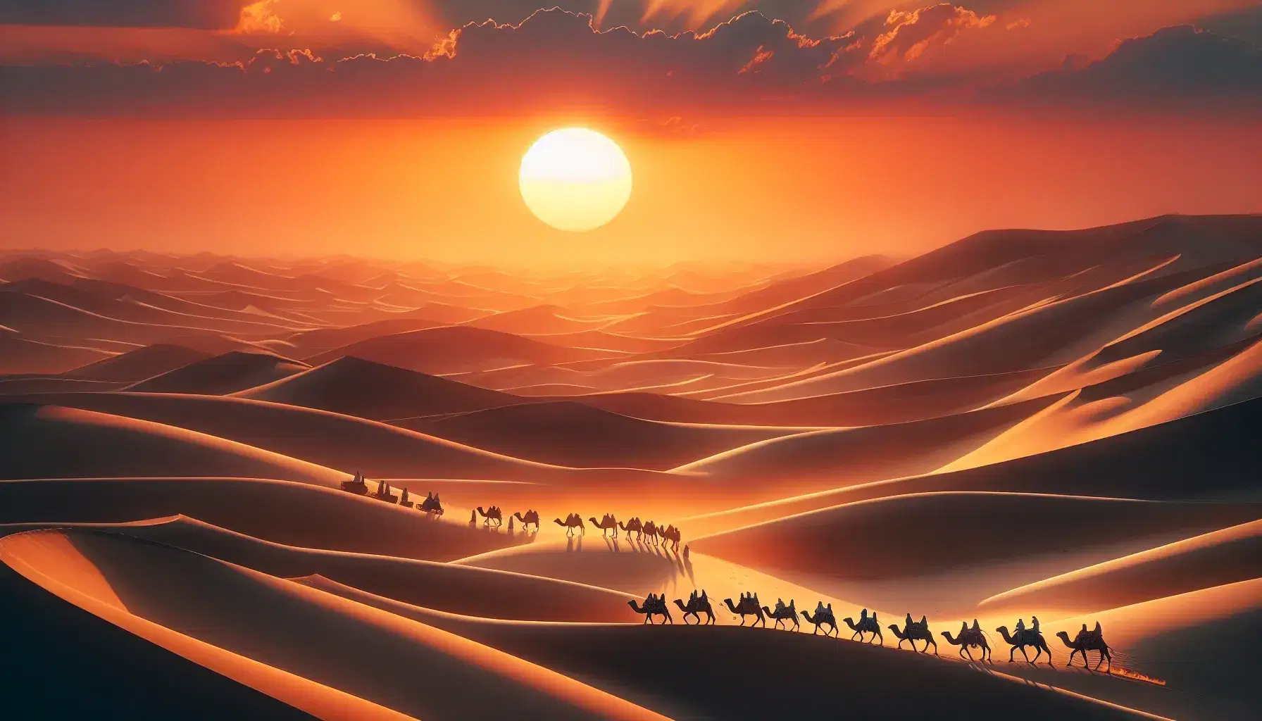 Tramonto nel deserto della Penisola Araba con dune ondulate, cielo infuocato e silhouette di una carovana di cammelli.