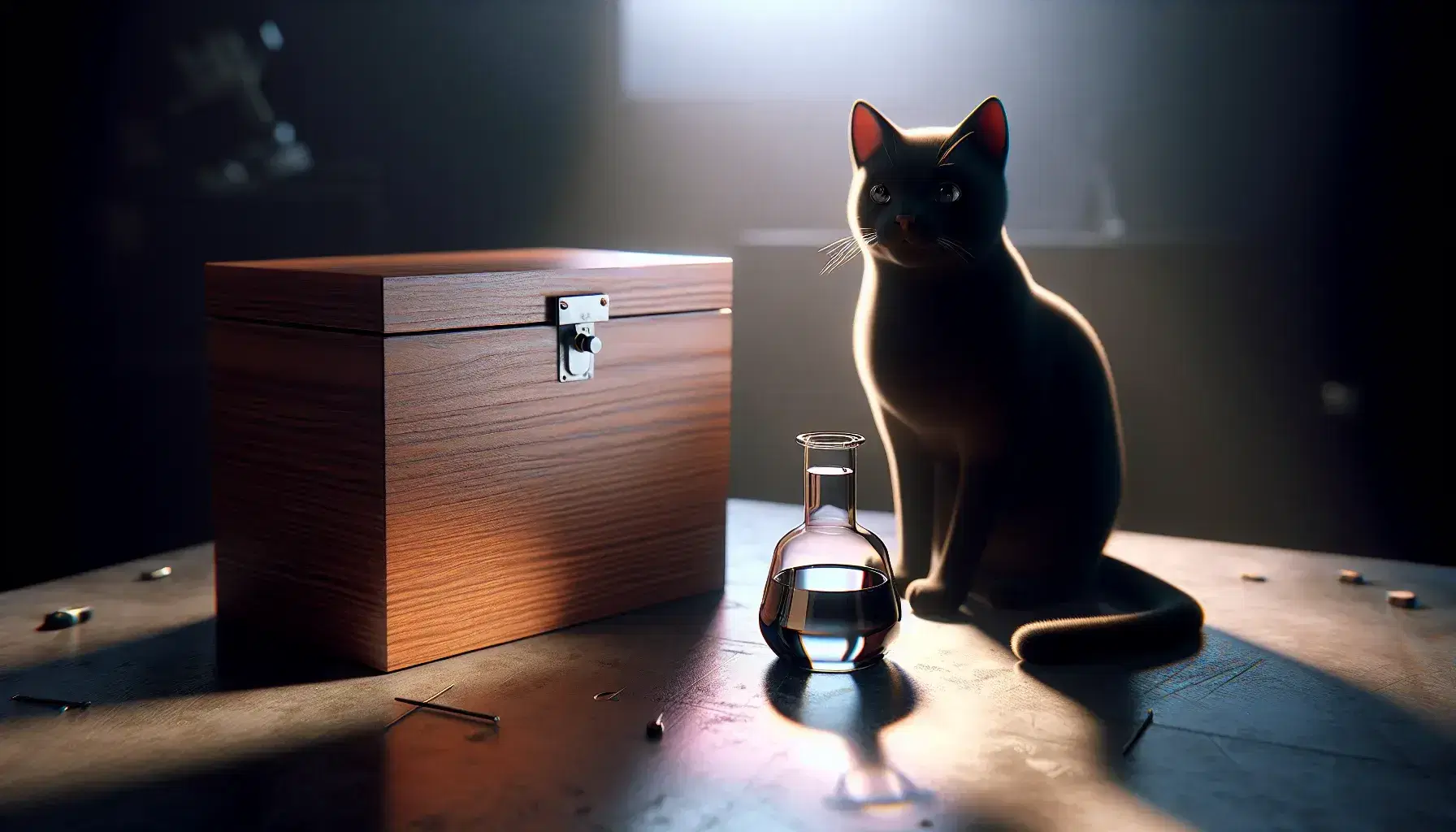 Closed wooden box on a lab table with a glass flask containing clear liquid and a sleek black cat sitting beside it, in a scientific setting.