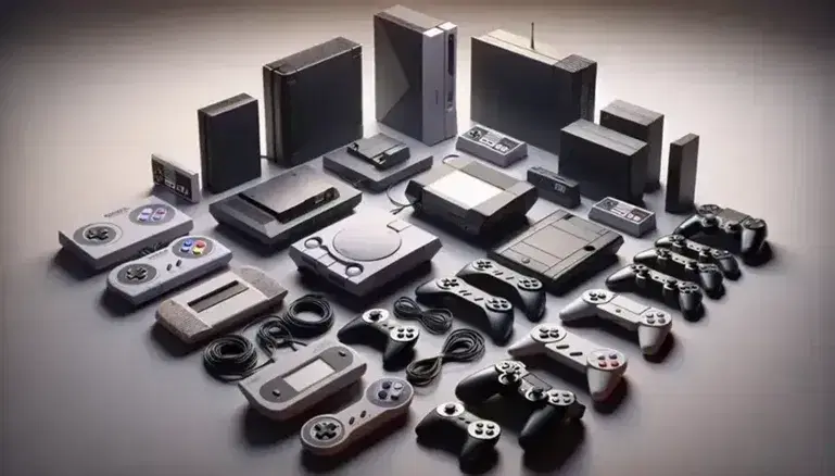 Colección de consolas de videojuegos desde la primera generación hasta la moderna, con mandos alámbricos e inalámbricos y dispositivo de realidad virtual.
