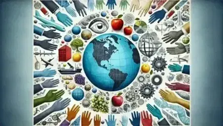Globo terráqueo rodeado de manos multiculturales, avión, barco de carga, uvas, manzana y engranajes, simbolizando la diversidad y la interconexión global.