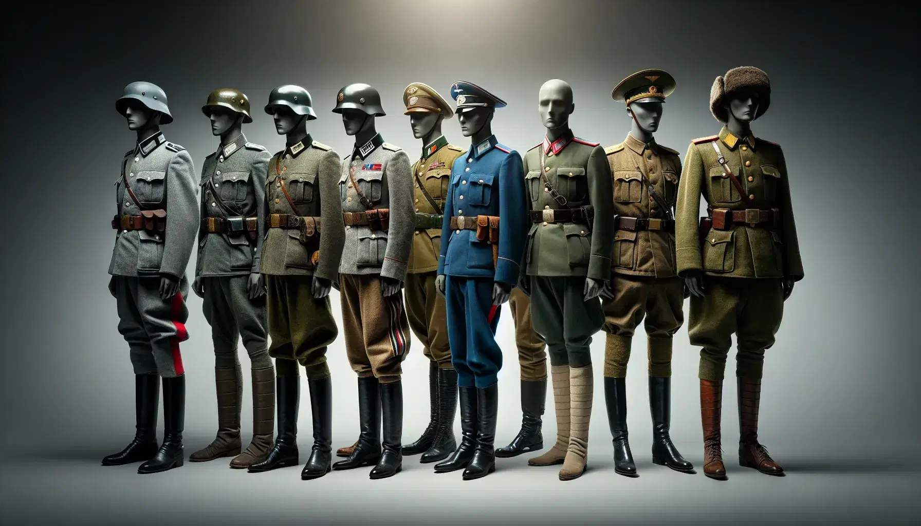 Uniformi militari della Prima Guerra Mondiale di Germania, Austria-Ungheria, Francia, Gran Bretagna e Russia su manichini senza testa.