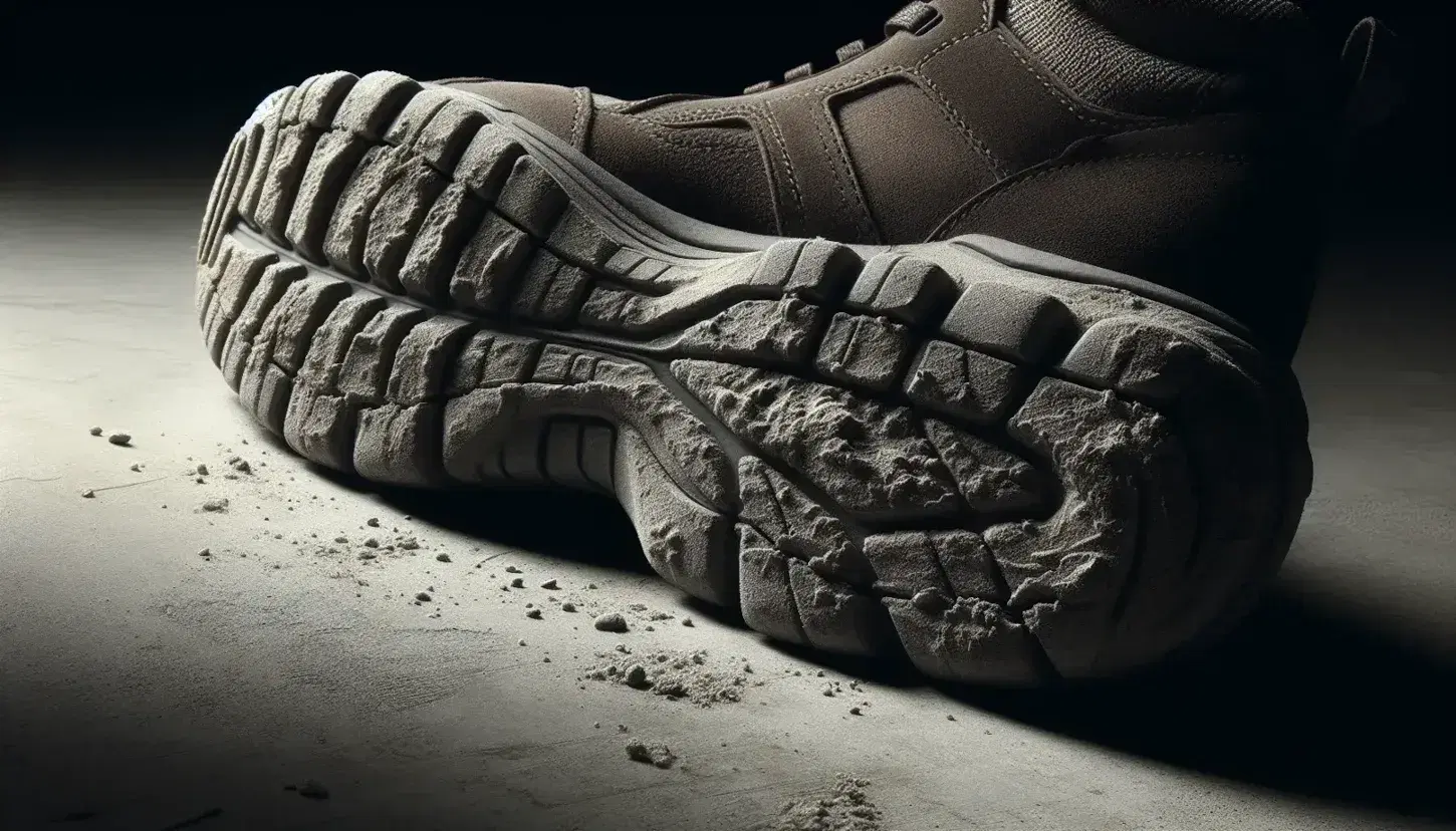 Close-up view of a worn rubber shoe sole with smoothed treads on a textured concrete surface, highlighting the effects of wear and friction.