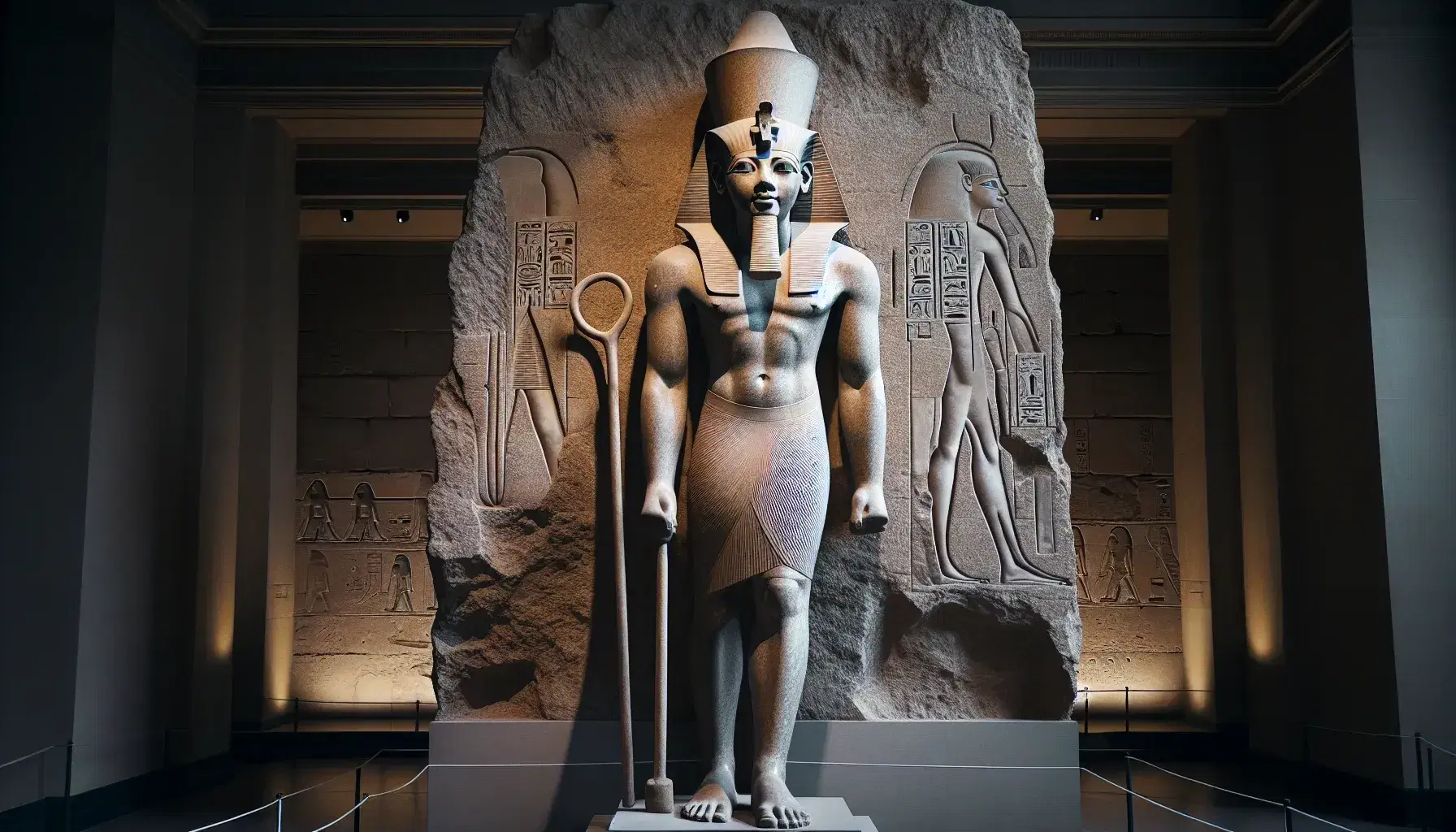 Statua in pietra grigia del Faraone Ramses II con corona doppia, scettro e flagello, in posa frontale, in un museo.