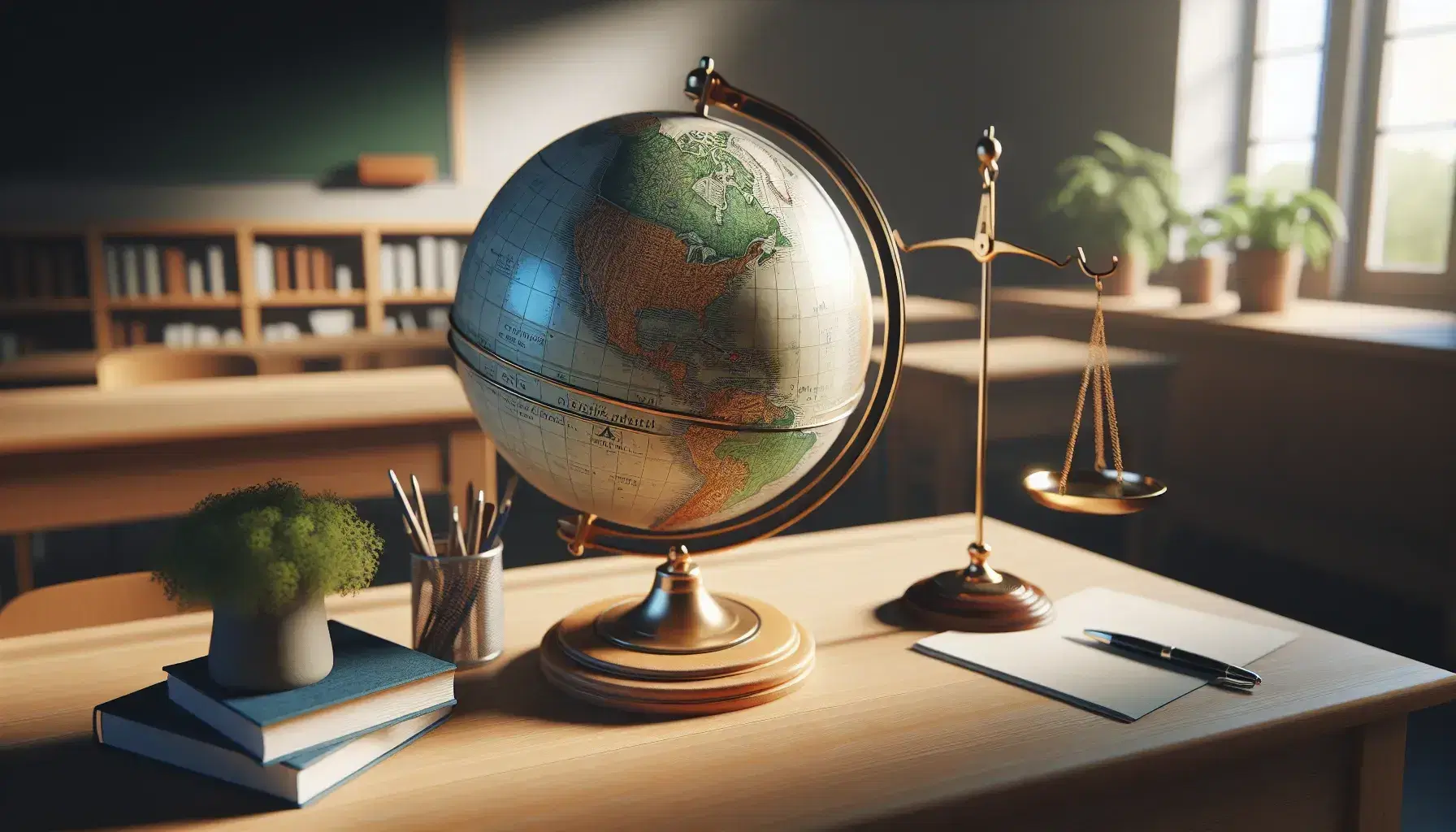 Scrivania in legno chiaro con globo terrestre, bilancia della giustizia in ottone e microfono nero, pianta verde sullo sfondo.