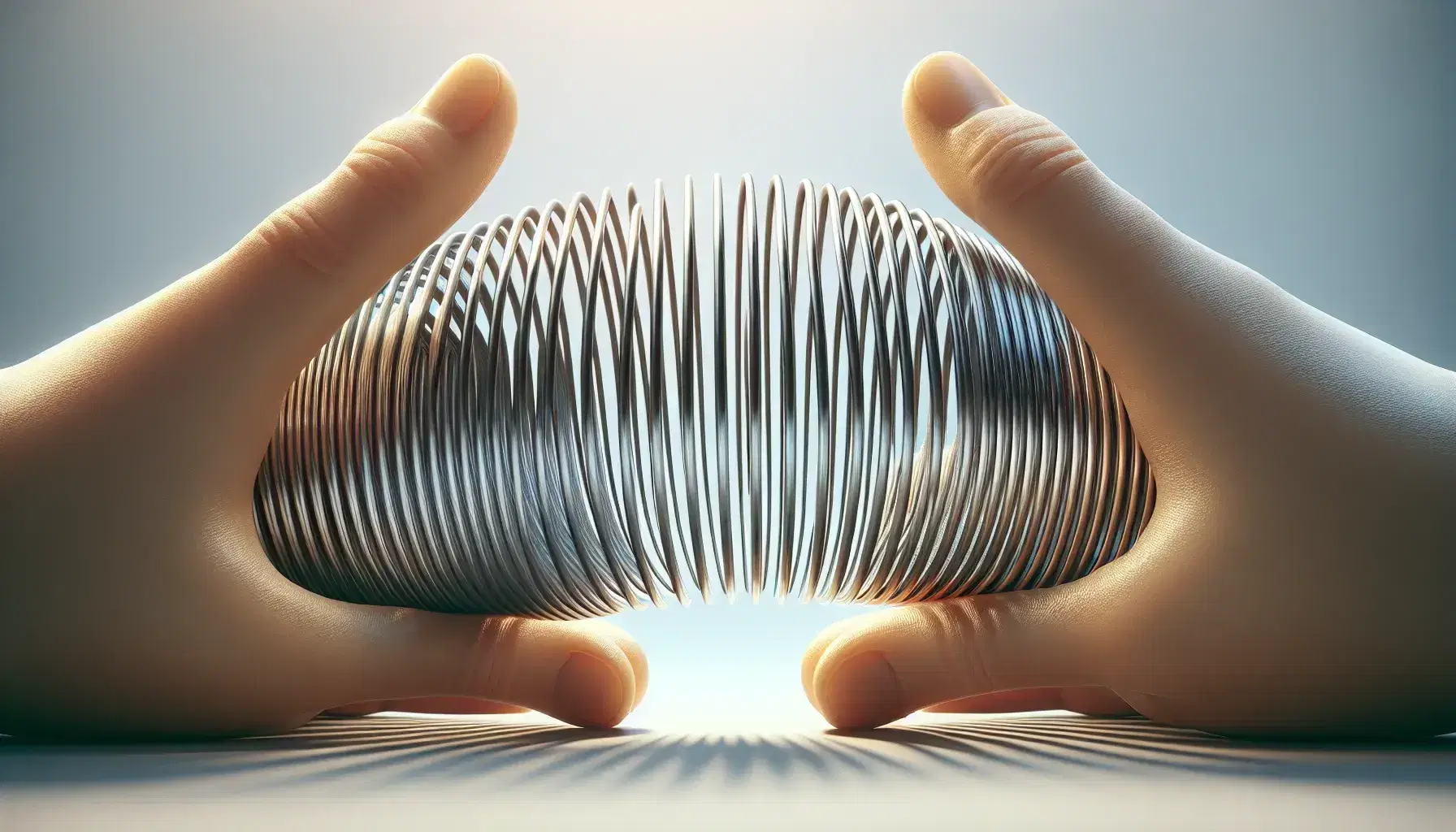 Close-up view of a silver metal slinky toy held horizontally, partially compressed with a longitudinal wave, between two hands against a soft blue to white gradient background.