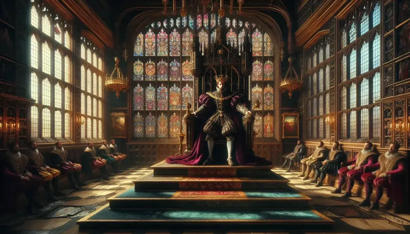 Tudor-style palace room with a regally dressed man on a throne, surrounded by courtiers, a stained glass window, and an open book on a stand.
