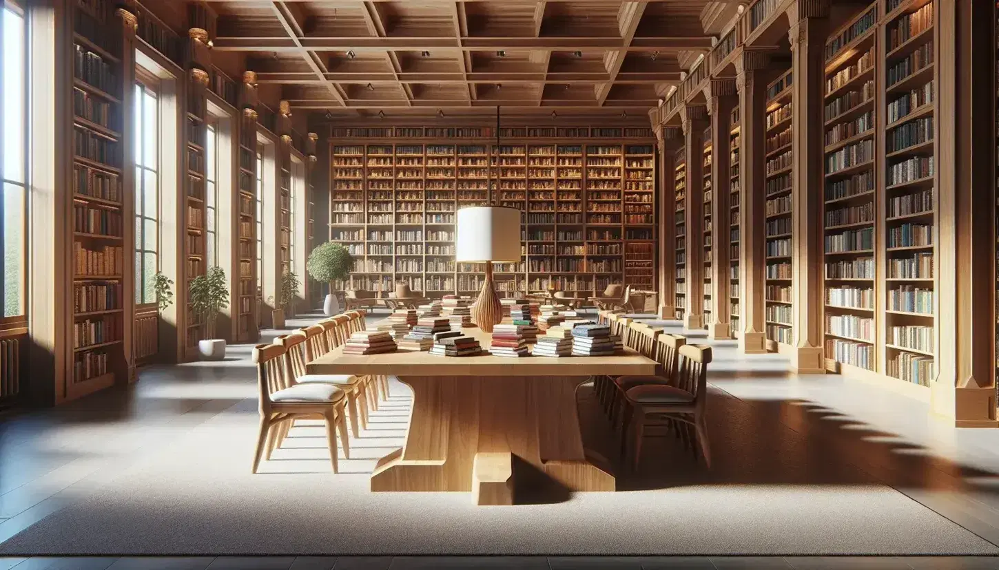 Biblioteca amplia y luminosa con estanterías de madera llenas de libros, mesa central con libros abiertos, sillas con asientos acolchados y planta verde.