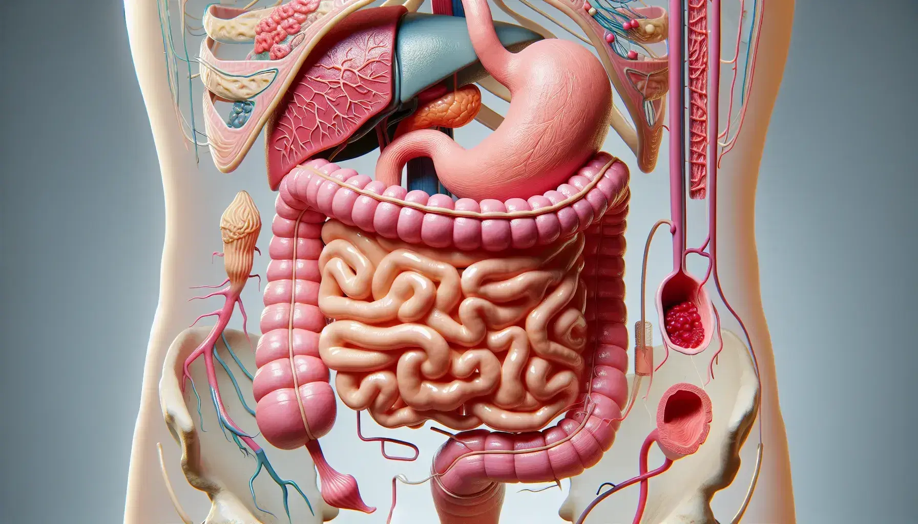Modelo anatómico tridimensional del sistema digestivo humano, mostrando boca, esófago, estómago, intestino delgado y grueso en colores y texturas realistas.