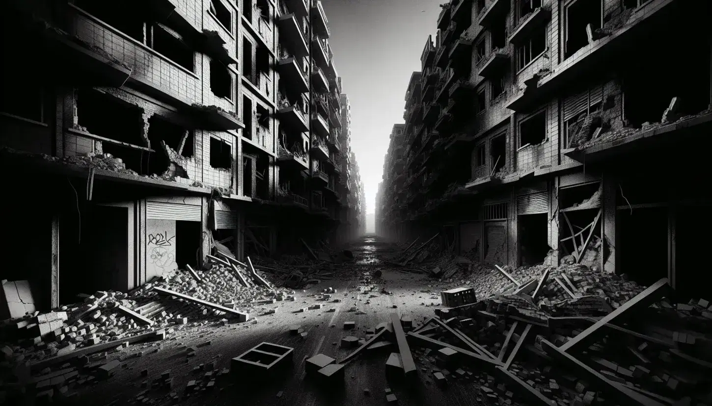 Escena urbana en blanco y negro con calle llena de escombros, edificios dañados, ventanas rotas y puertas abiertas, sin personas, transmitiendo abandono.