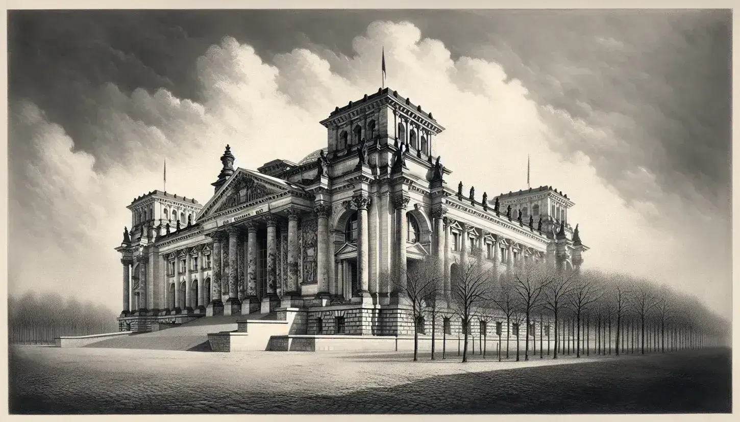 Historical black-and-white photo of the Reichstag building in Berlin, showcasing its neoclassical facade and grand columns, framed by leafless trees.