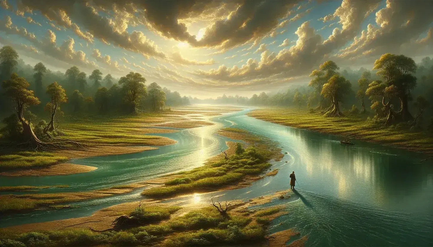 Paesaggio fluviale sereno con fiume sinuoso, riflessi dorati del sole sull'acqua, alberi rigogliosi e figura umana in contemplazione.