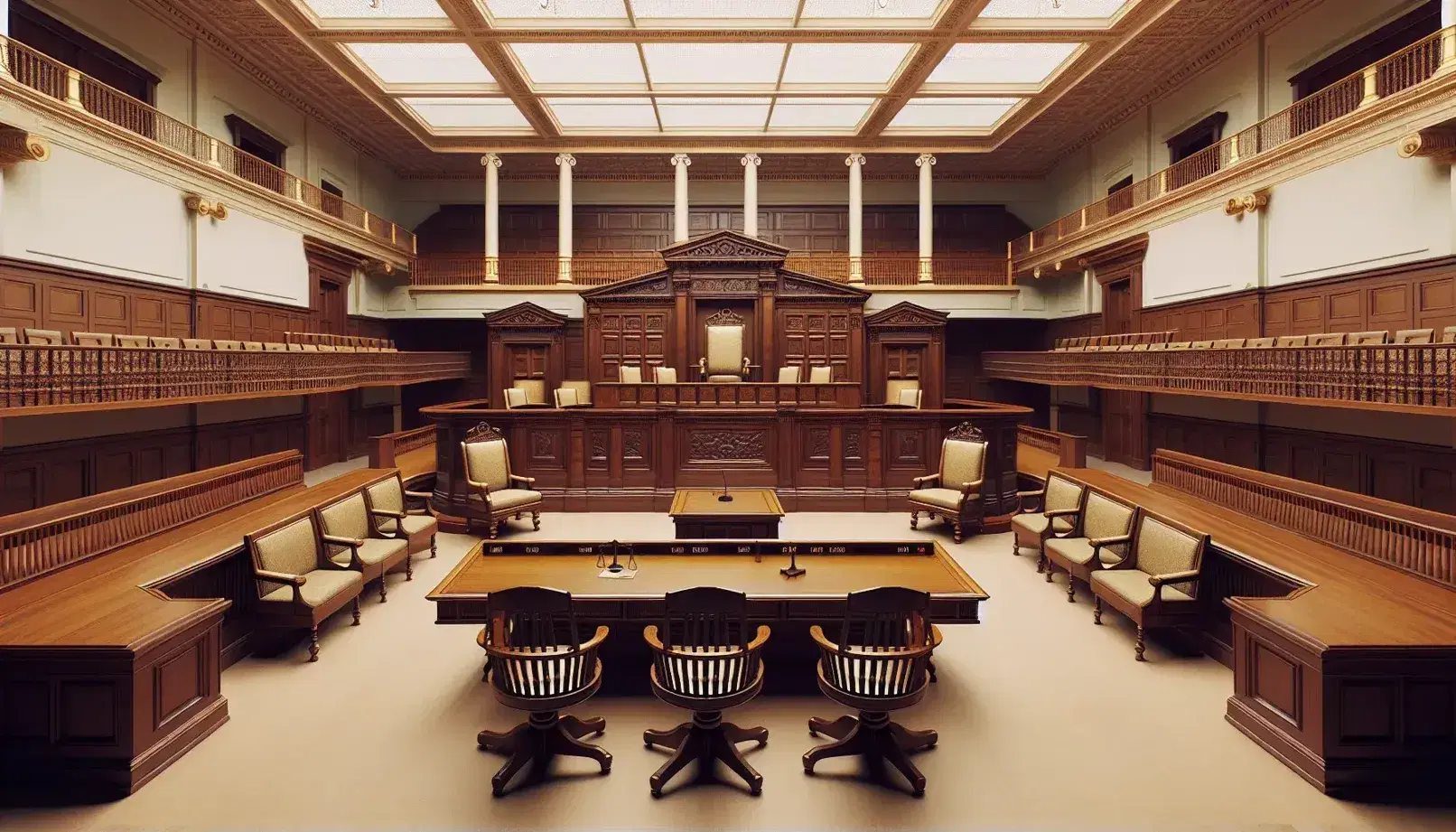 Majestic interior of a courtroom with a carved wooden judge's bench, area for lawyers, jury seats and benches for spectators.