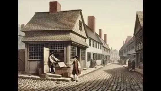 18th century American colonial street scene with brick buildings, wooden stall and people in period clothing over clear sky.