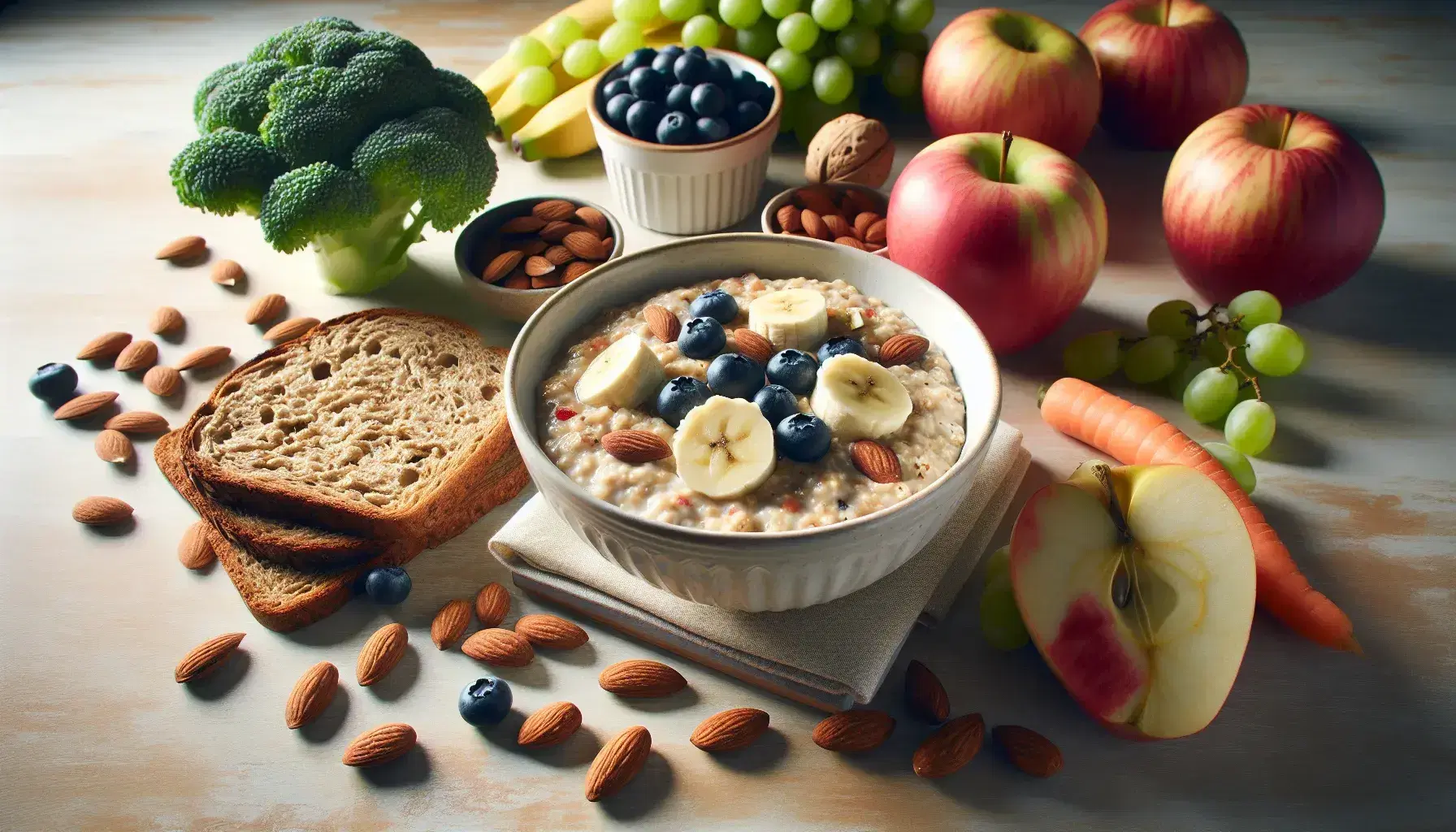 Desayuno saludable con avena, plátano, arándanos, pan integral, almendras, manzana roja, uvas verdes y brócoli sobre fondo de madera clara.