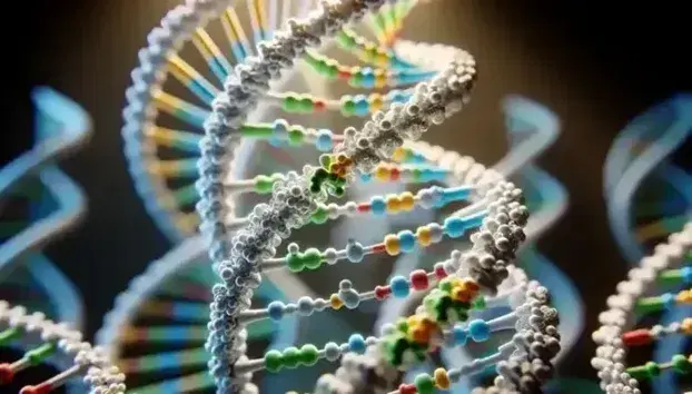 Three-dimensional model of double helix DNA with alternating sugars and phosphates and paired nitrogenous bases, adenine-green, thymine-red, cytosine-blue, guanine-yellow.