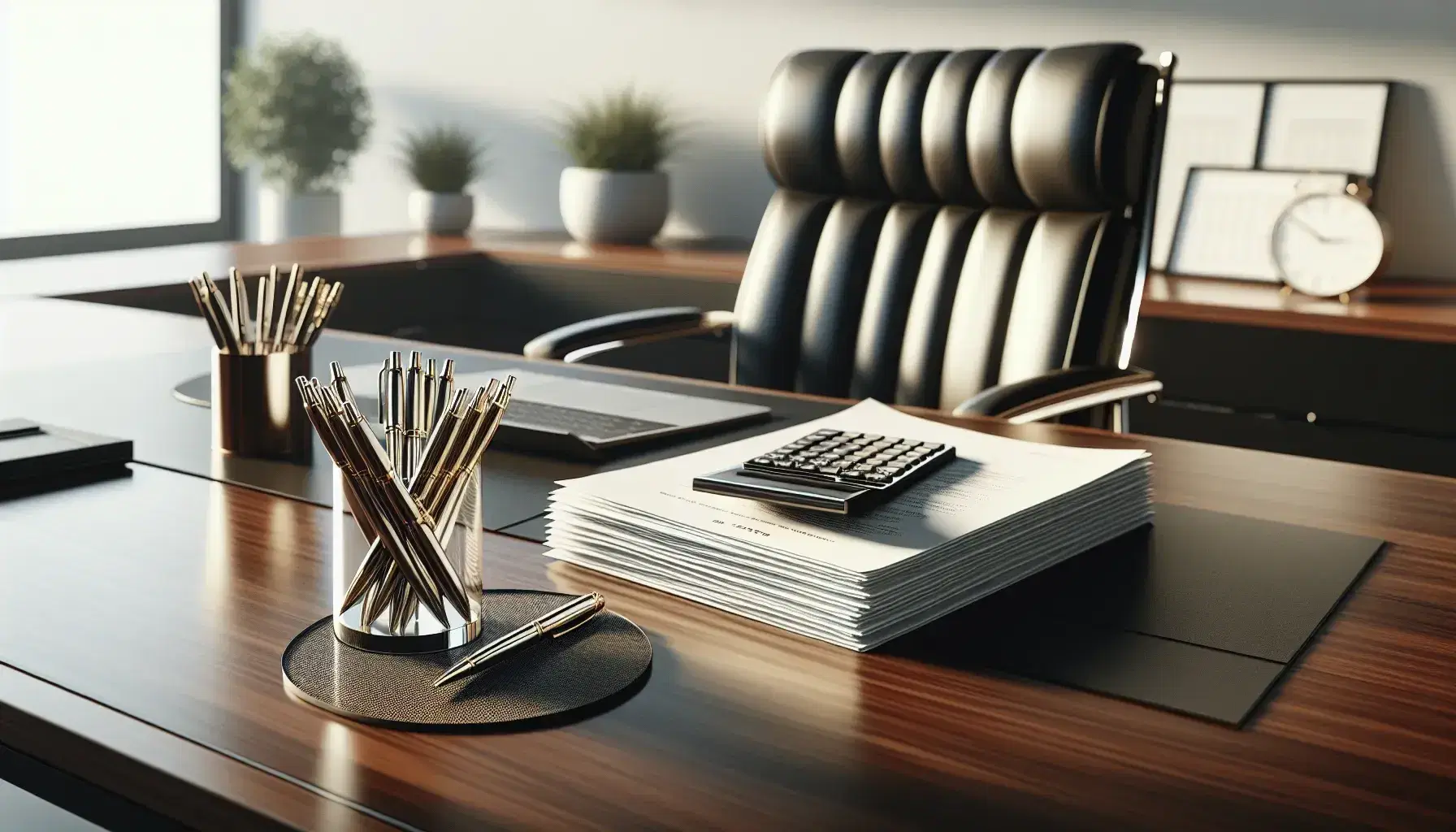 Polished wooden desk with stack of white papers, modern calculator, and black leather office chair, alongside a glass of metallic pens.