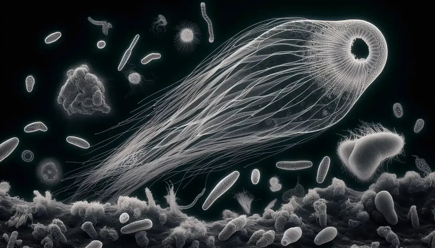 Vista microscópica de protozoos con un flagelado central y un ameboide a la derecha, ambos en tonos de gris, sobre fondo negro.