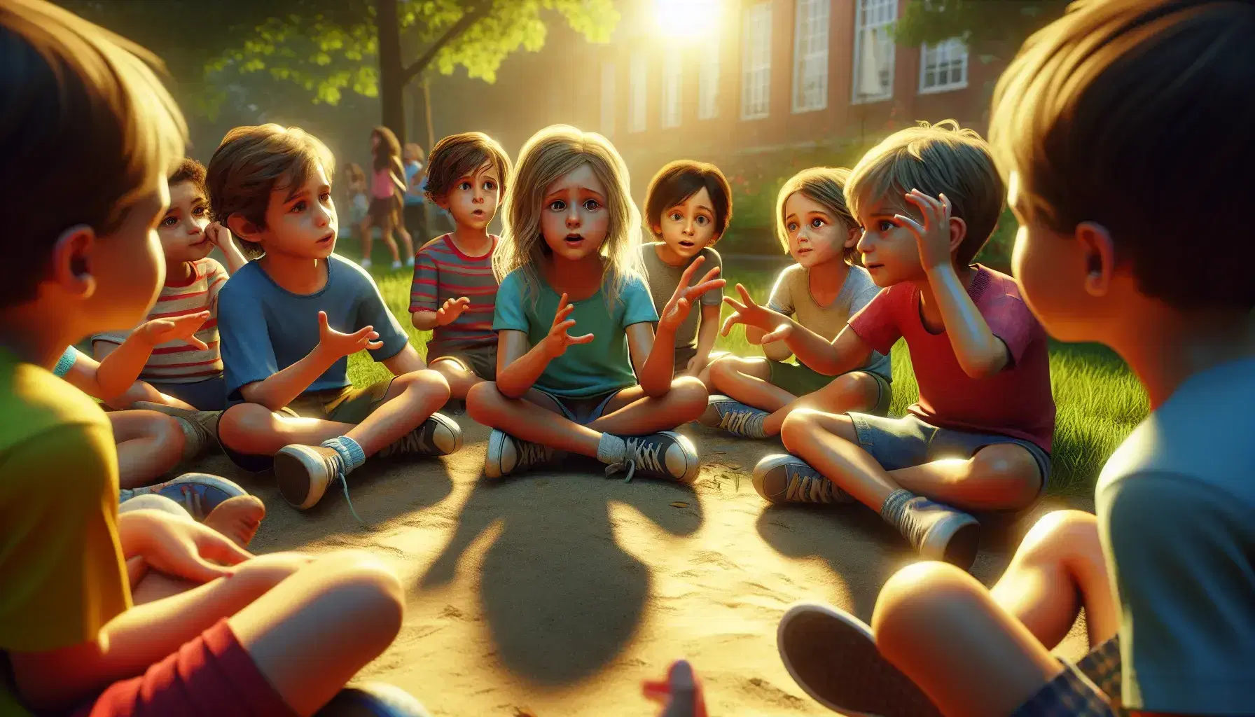 Bambini di diverse etnie seduti a cerchio su erba, uno racconta storie con gesti, attenzione e curiosità nei volti, parco soleggiato.