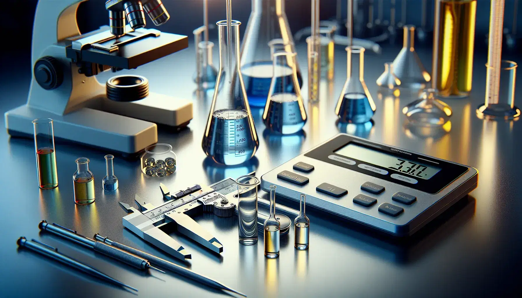 Strumenti di misurazione scientifici su tavolo da laboratorio, inclusi calibro in acciaio, termometro a mercurio e bilancia analitica digitale, con cilindri graduati colorati sullo sfondo.