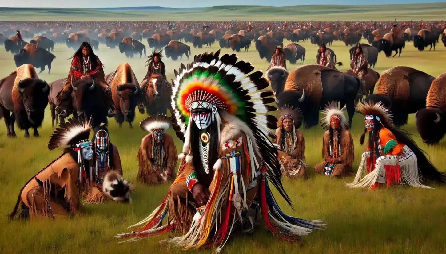 Crow Tribe members perform a traditional dance in grassland, with a male in a feathered headdress and a female in a beaded buckskin dress, horses and buffalo in the background.