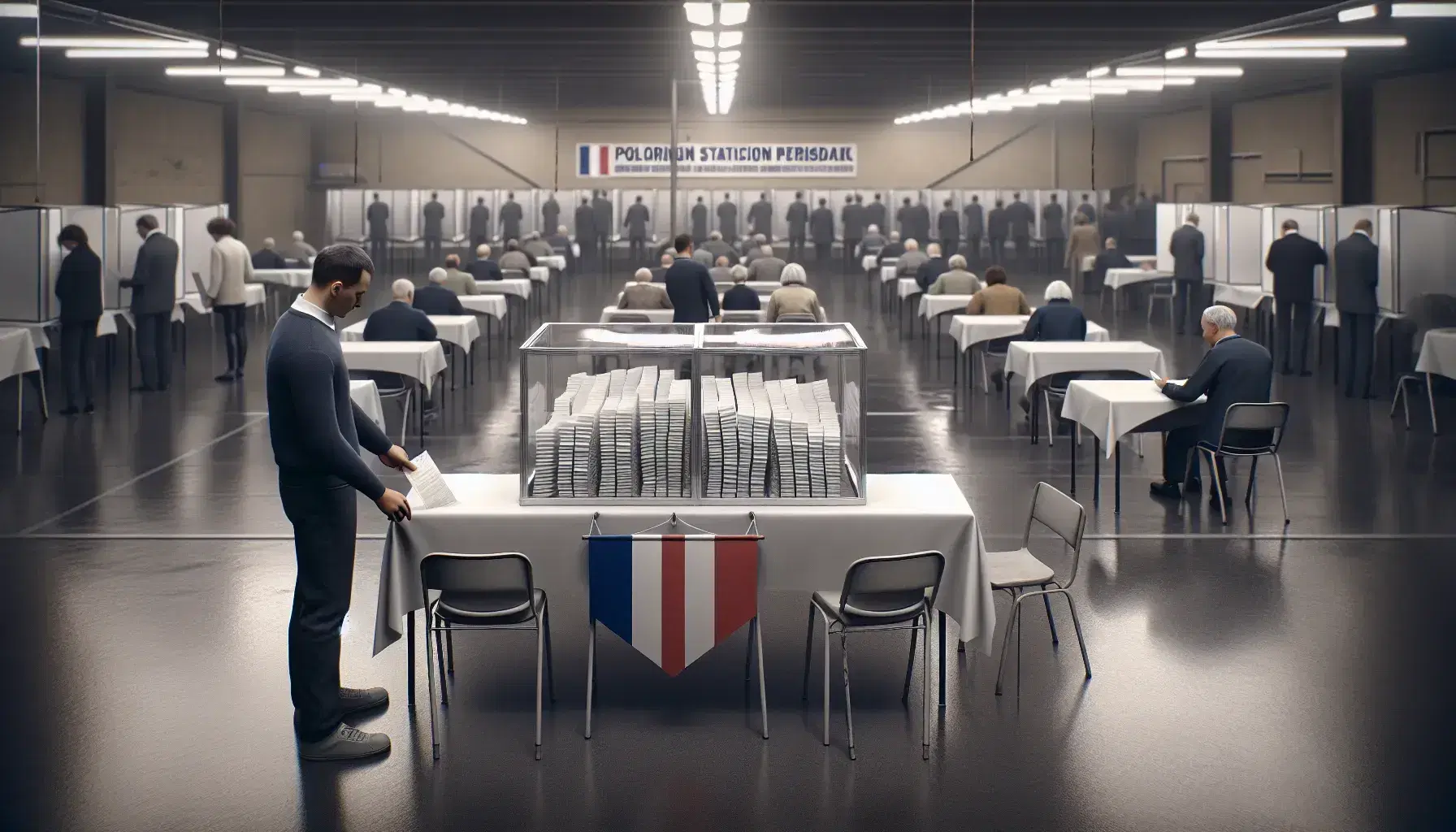 Urna trasparente con schede elettorali in una sezione di voto, funzionario con fascia tricolore osserva, elettori attendono il turno.