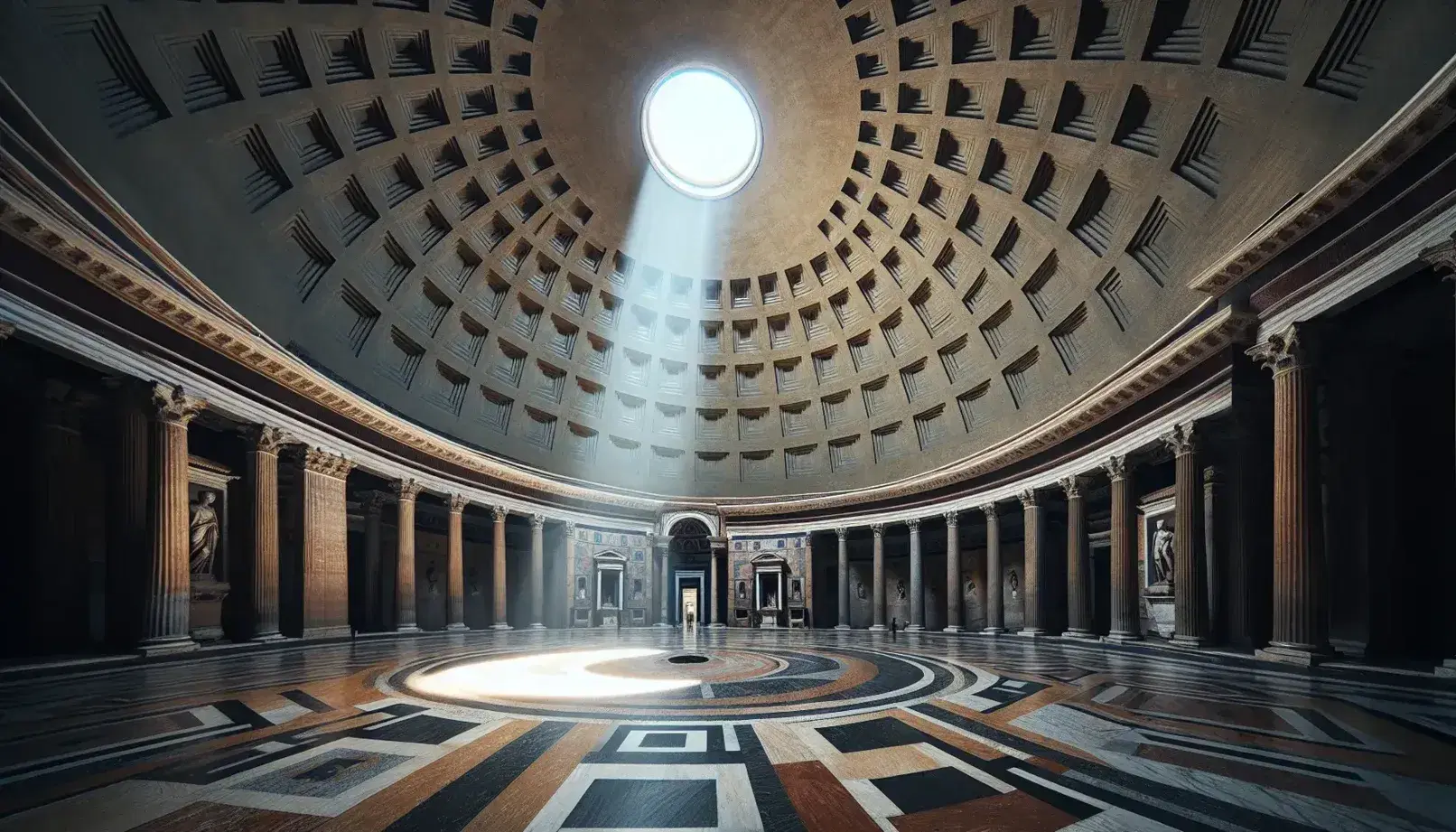 Interno del Pantheon a Roma con cupola circolare, oculus centrale e fascio di luce naturale che illumina il pavimento marmoreo geometrico.