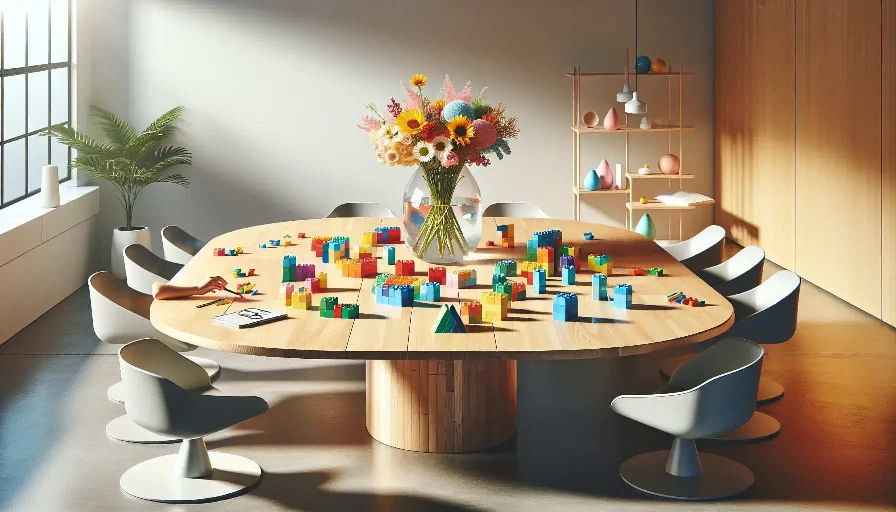 Modern, bright workspace with oval table, ergonomic chairs, colorful blocks, flower vase and closed laptop, hands in the foreground.