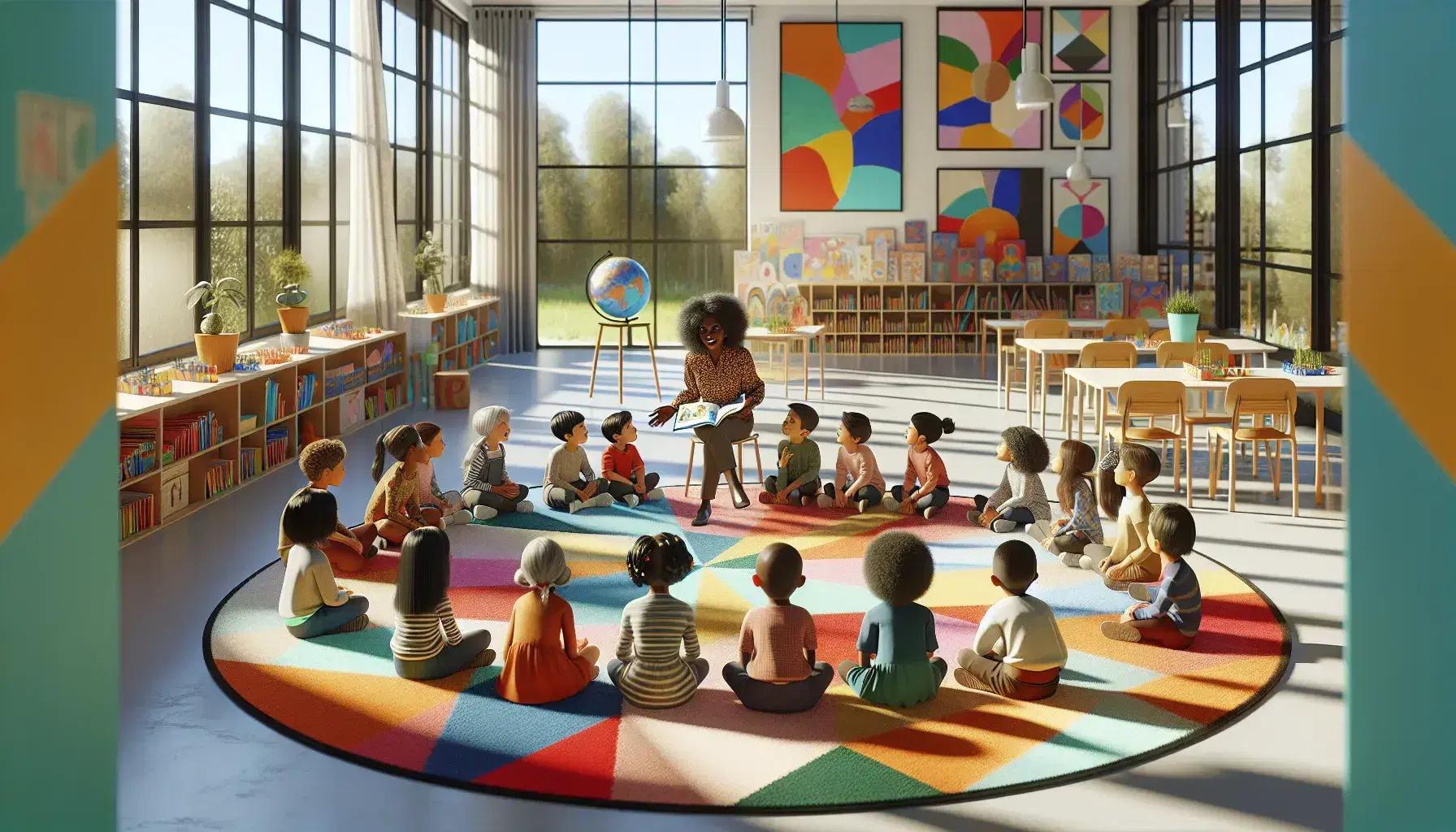 Diverse group of young students engaged in a reading activity with their African female teacher in a sunlit, colorful classroom setting.