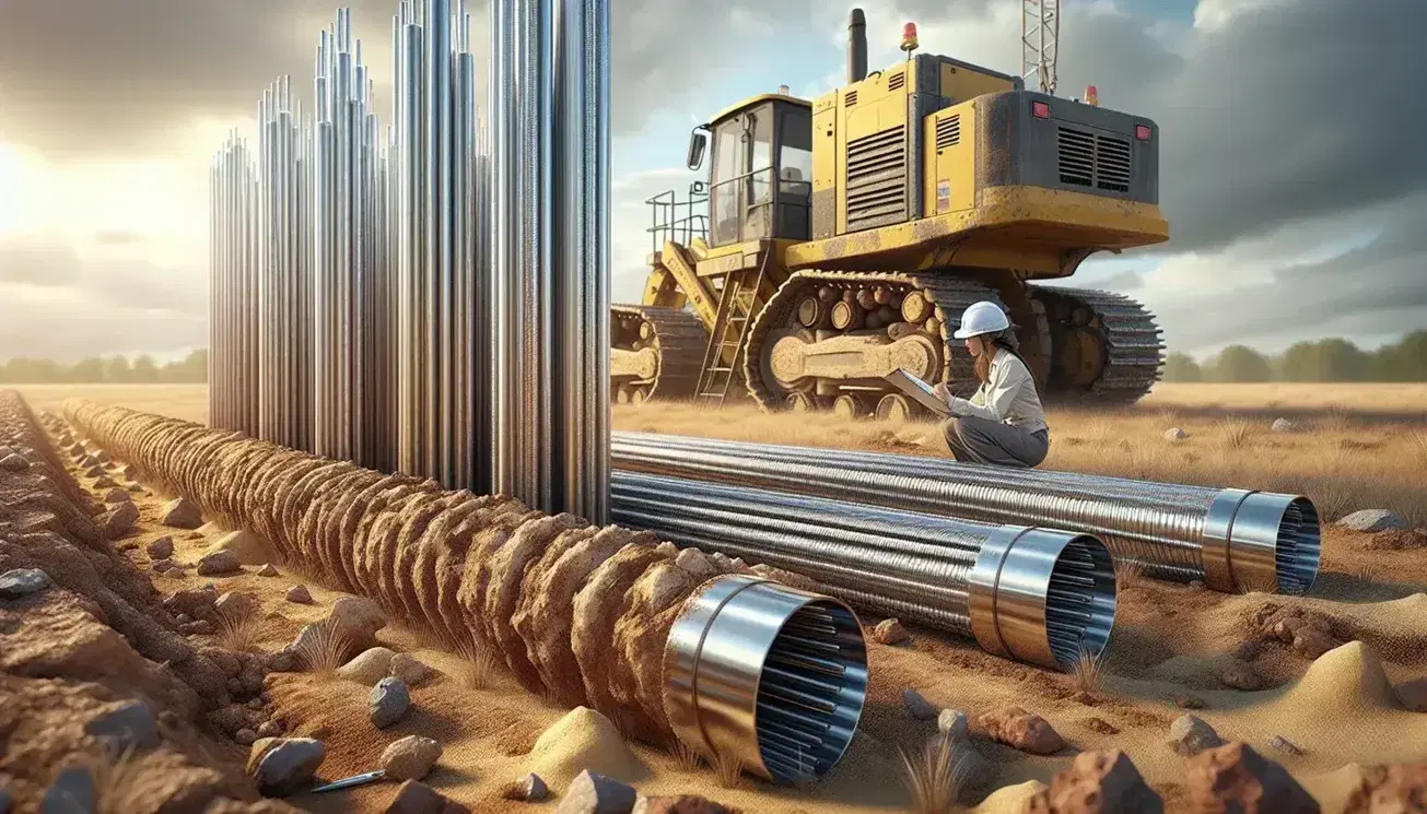 Campo de trabajo geotécnico con tubos de muestreo de suelo, núcleos extraídos y máquina compactadora en un día soleado, con ingeniera anotando datos.